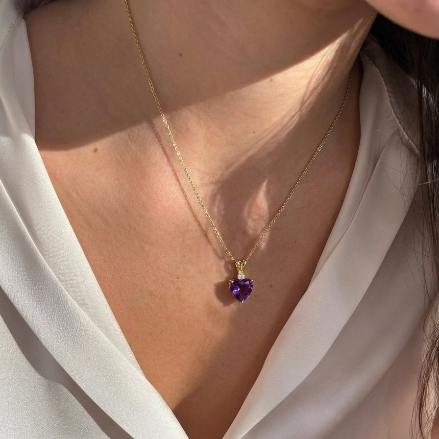 Natural Amethyst Heart Pendant Necklace in 925 Sterling Silver 1.5ct