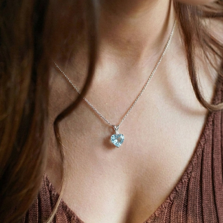 Aquamarine Heart Pendant Necklace in 925 Sterling Silver 1.5ct