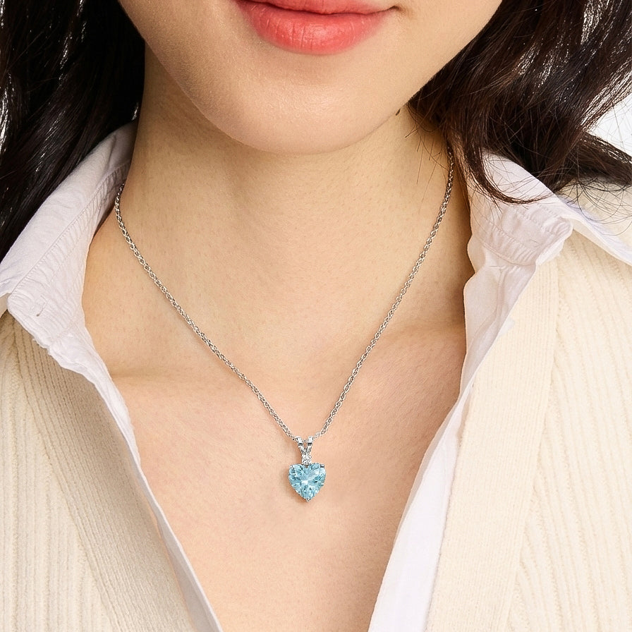 Aquamarine Heart Pendant Necklace in 925 Sterling Silver 1.5ct