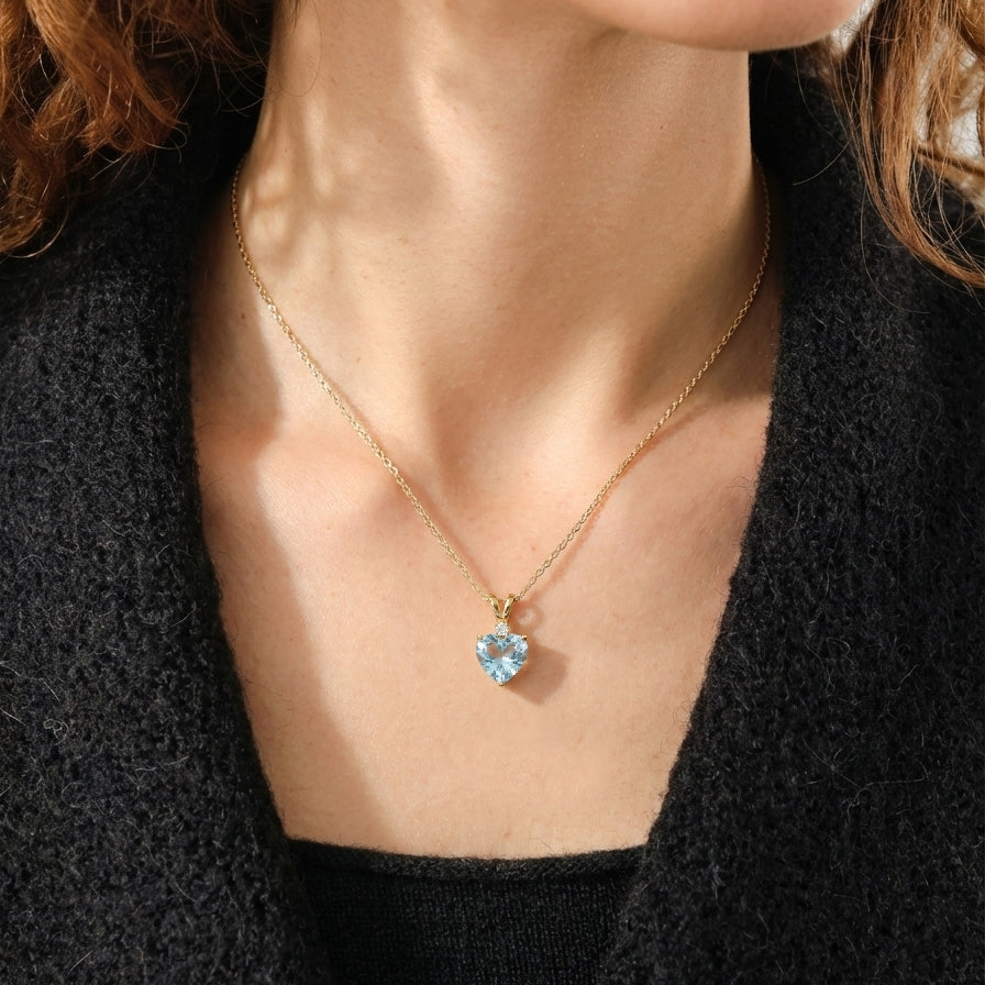Aquamarine Heart Pendant Necklace in Yellow Gold Plated 1.5ct