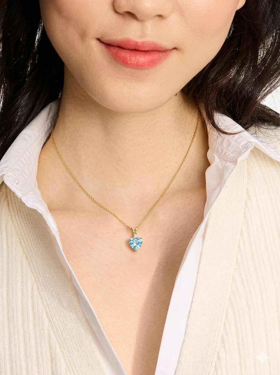 Aquamarine Heart Pendant Necklace in 925 Sterling Silver 1.5ct