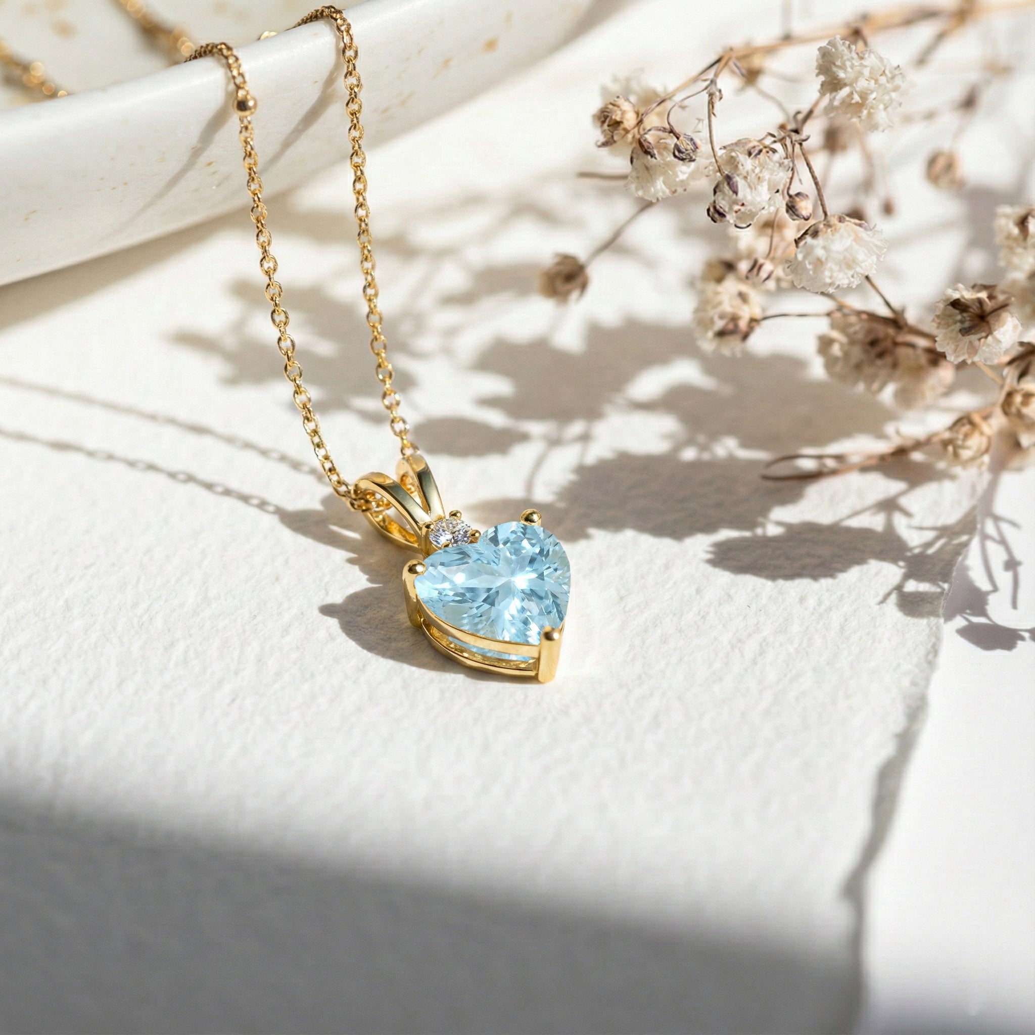 Aquamarine Heart Pendant Necklace in Yellow Gold Plated 1.5ct