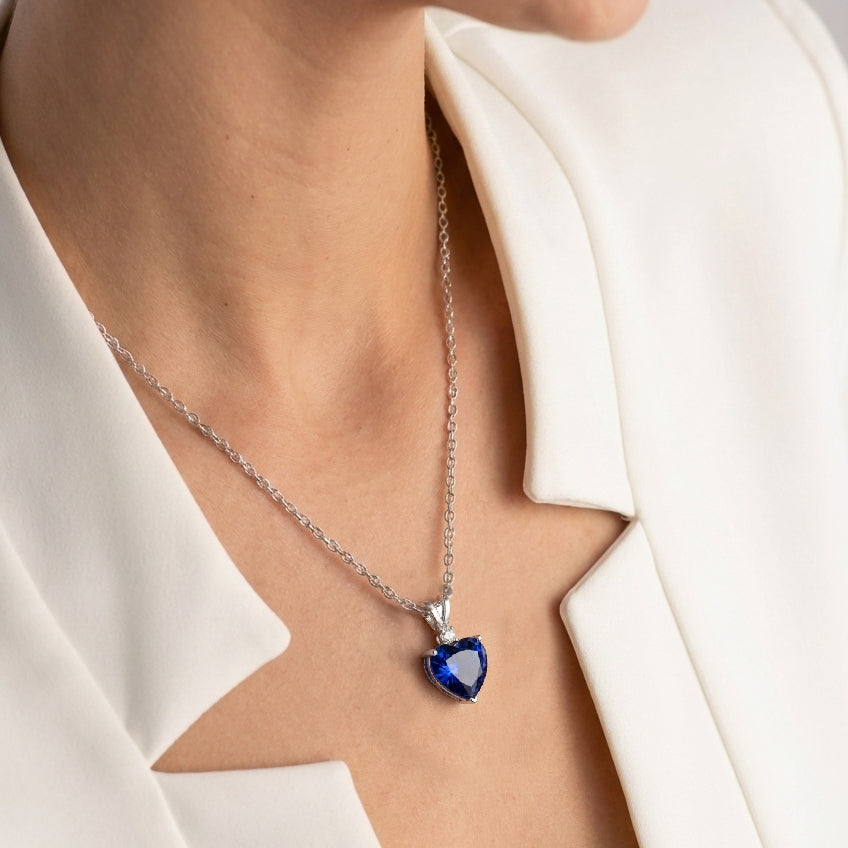 Blue Sapphire Heart Pendant Necklace in 925 Sterling Silver 1.5ct