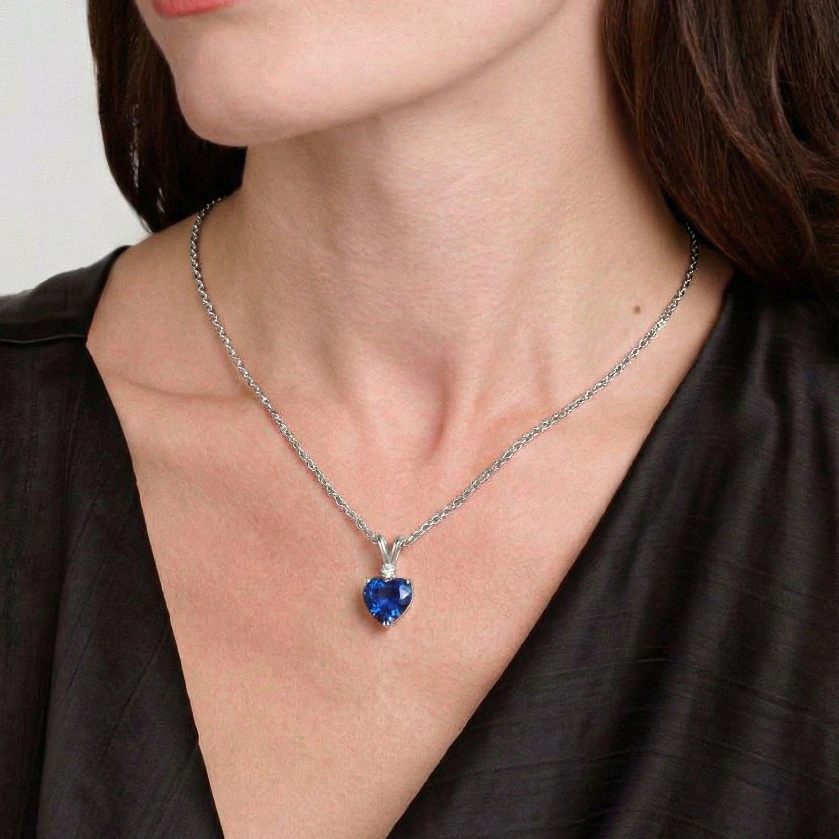 Blue Sapphire Heart Pendant Necklace in 925 Sterling Silver 1.5ct