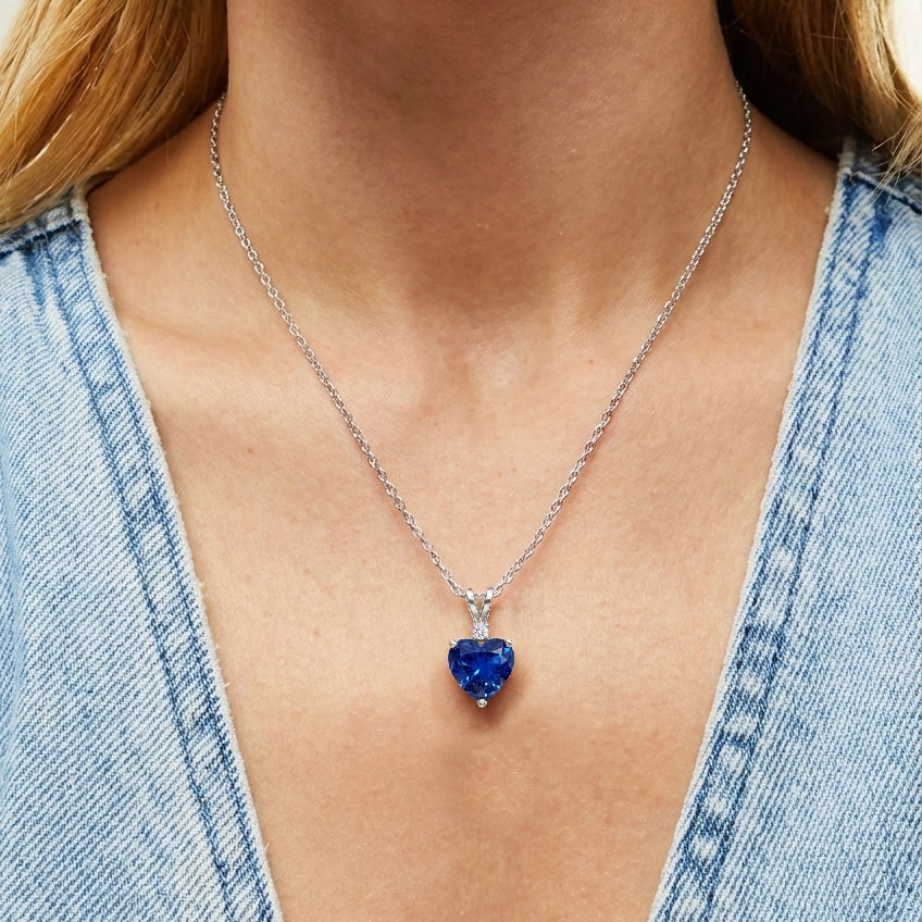 Blue Sapphire Heart Pendant Necklace in 925 Sterling Silver 1.5ct
