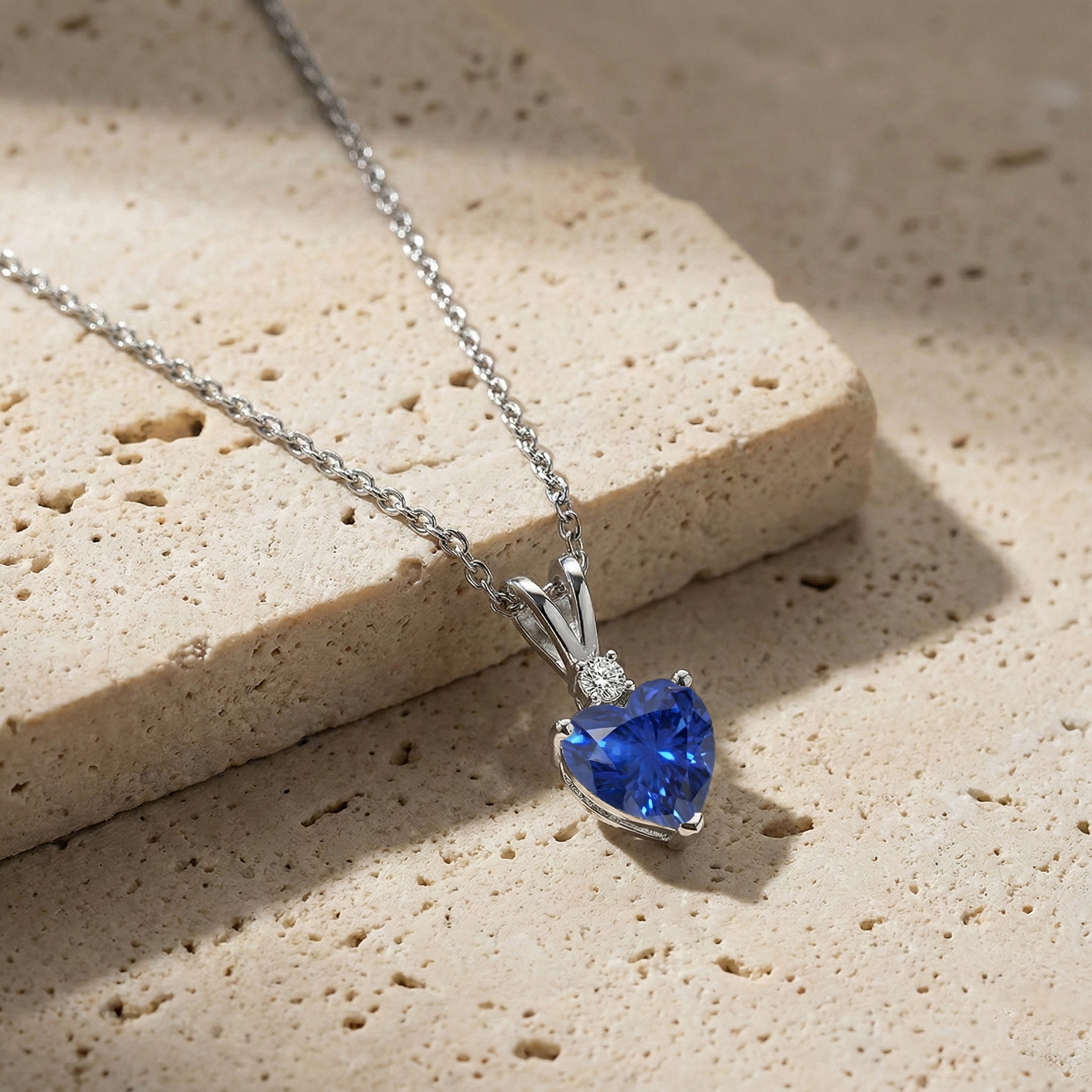 Blue Sapphire Heart Pendant Necklace in 925 Sterling Silver 1.5ct