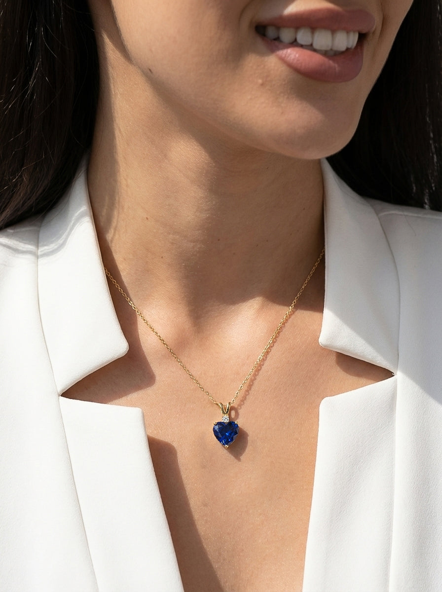 Blue Sapphire Heart Pendant Necklace in Yellow Gold Plated 1.5ct