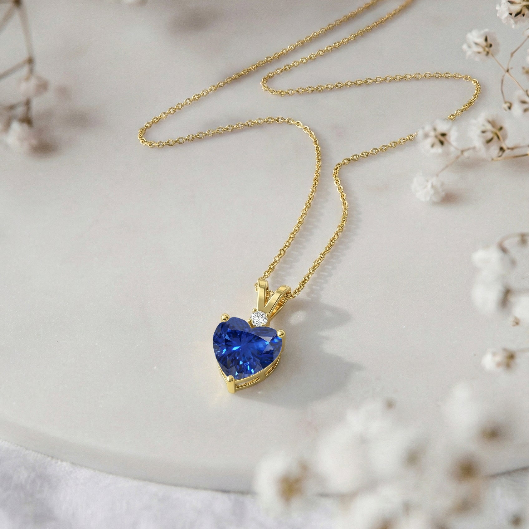 Blue Sapphire Heart Pendant Necklace in Yellow Gold Plated 1.5ct