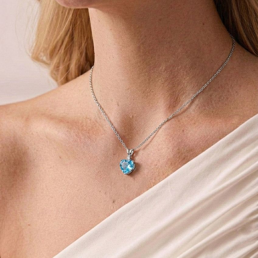 Natural Blue Topaz Heart Pendant Necklace in 925 Sterling Silver 1.5ct