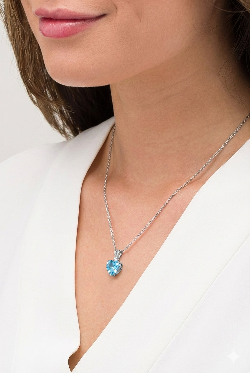 Natural Blue Topaz Heart Pendant Necklace in 925 Sterling Silver 1.5ct