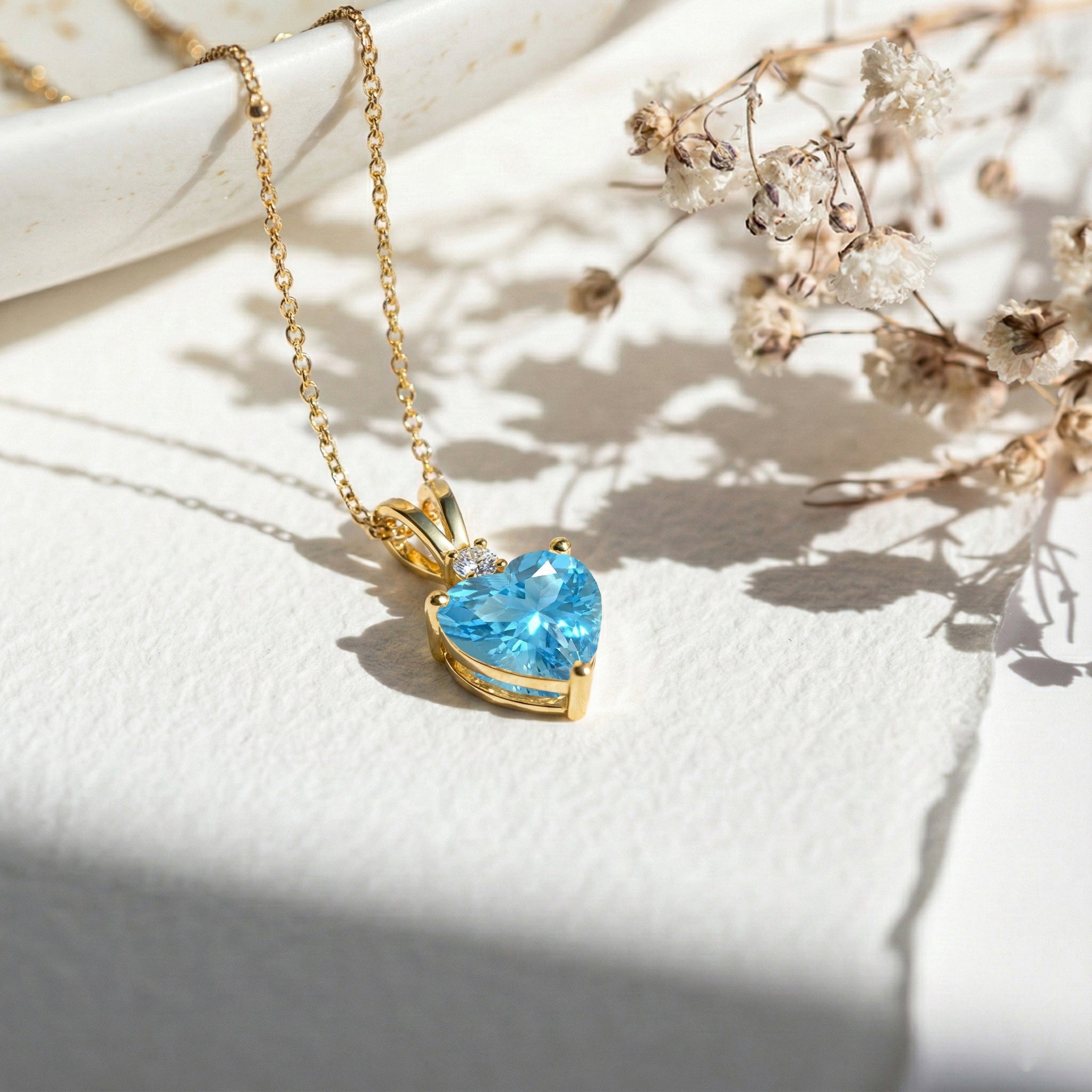 Blue Topaz Heart Pendant Necklace in Yellow Gold Plated 1.5ct