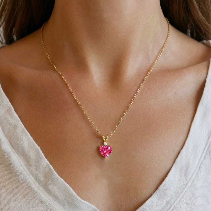 Pink Tourmaline Heart Pendant Necklace in Yellow Gold Plated 1.5ct