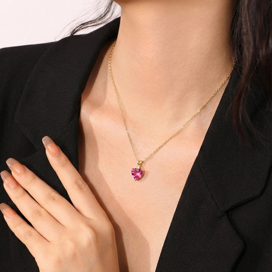 Pink Tourmaline Heart Pendant Necklace in Yellow Gold Plated 1.5ct
