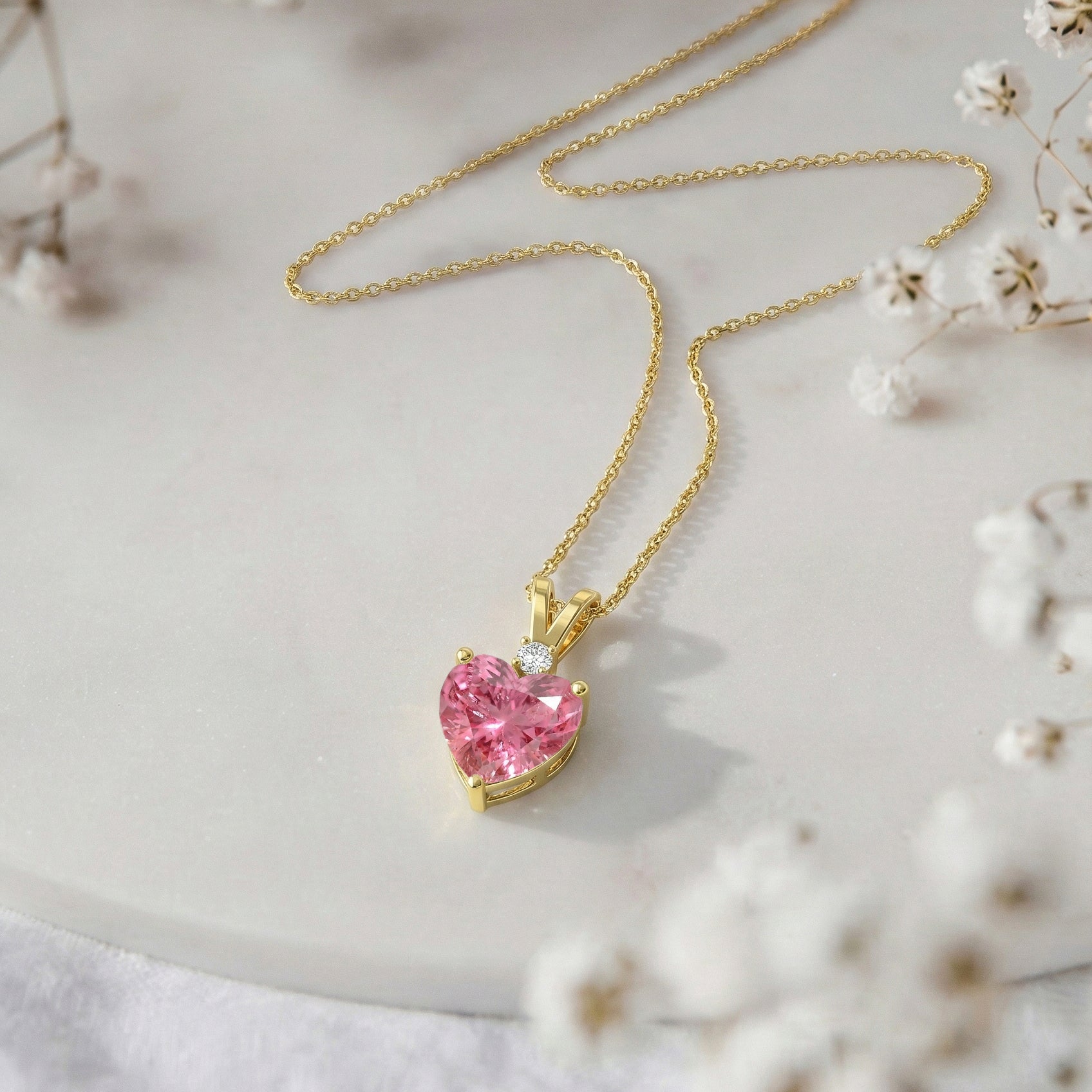 Pink Tourmaline Heart Pendant Necklace in Yellow Gold Plated 1.5ct
