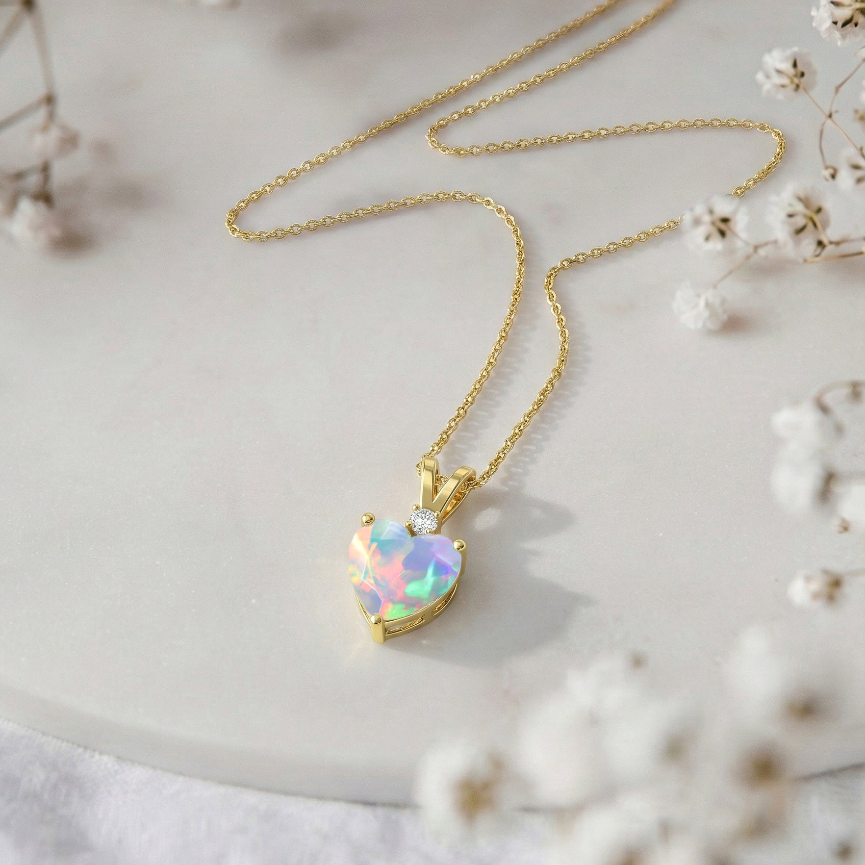 White Opal Heart Pendant Necklace in Yellow Gold Plated 1.5ct