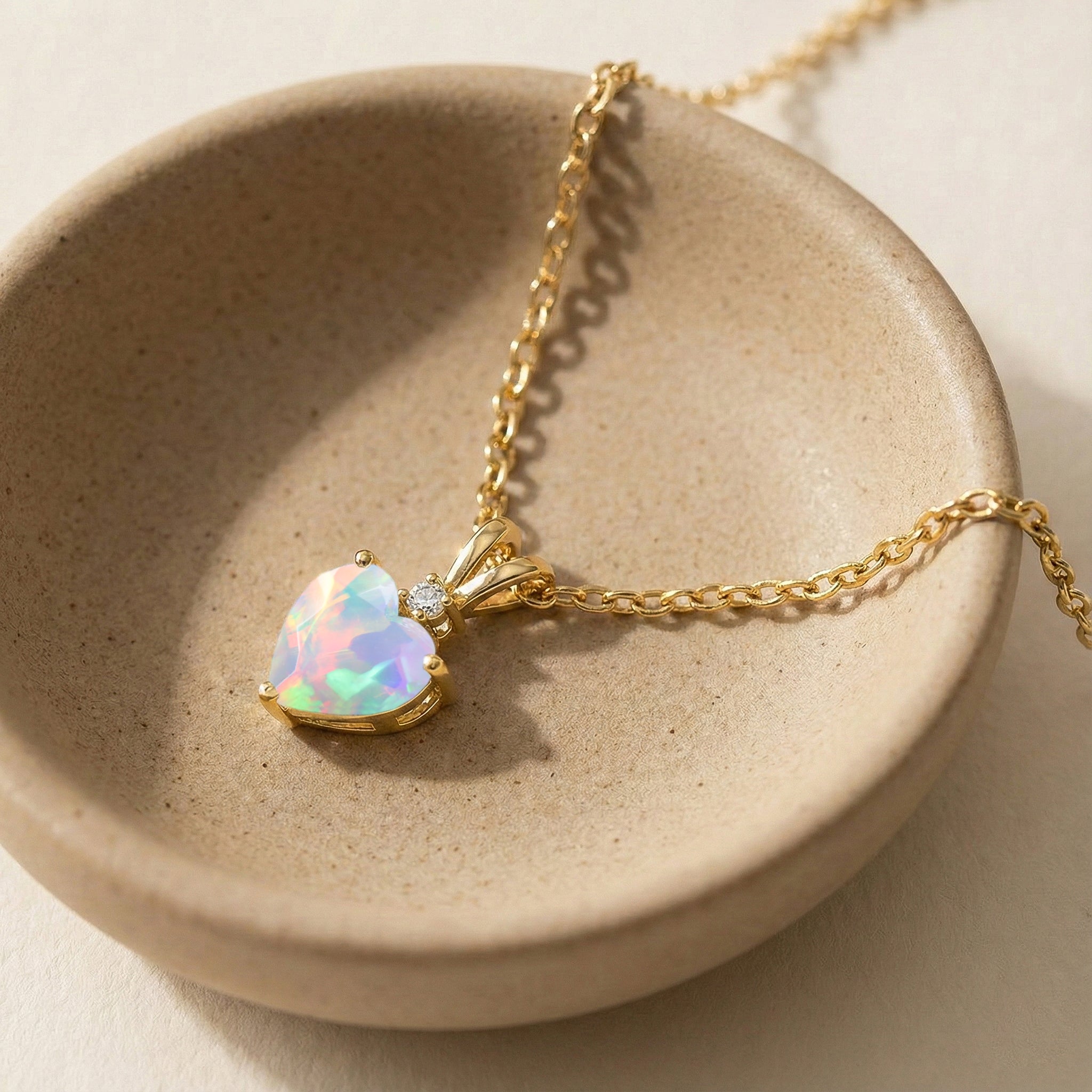 White Opal Heart Pendant Necklace in Yellow Gold Plated 1.5ct