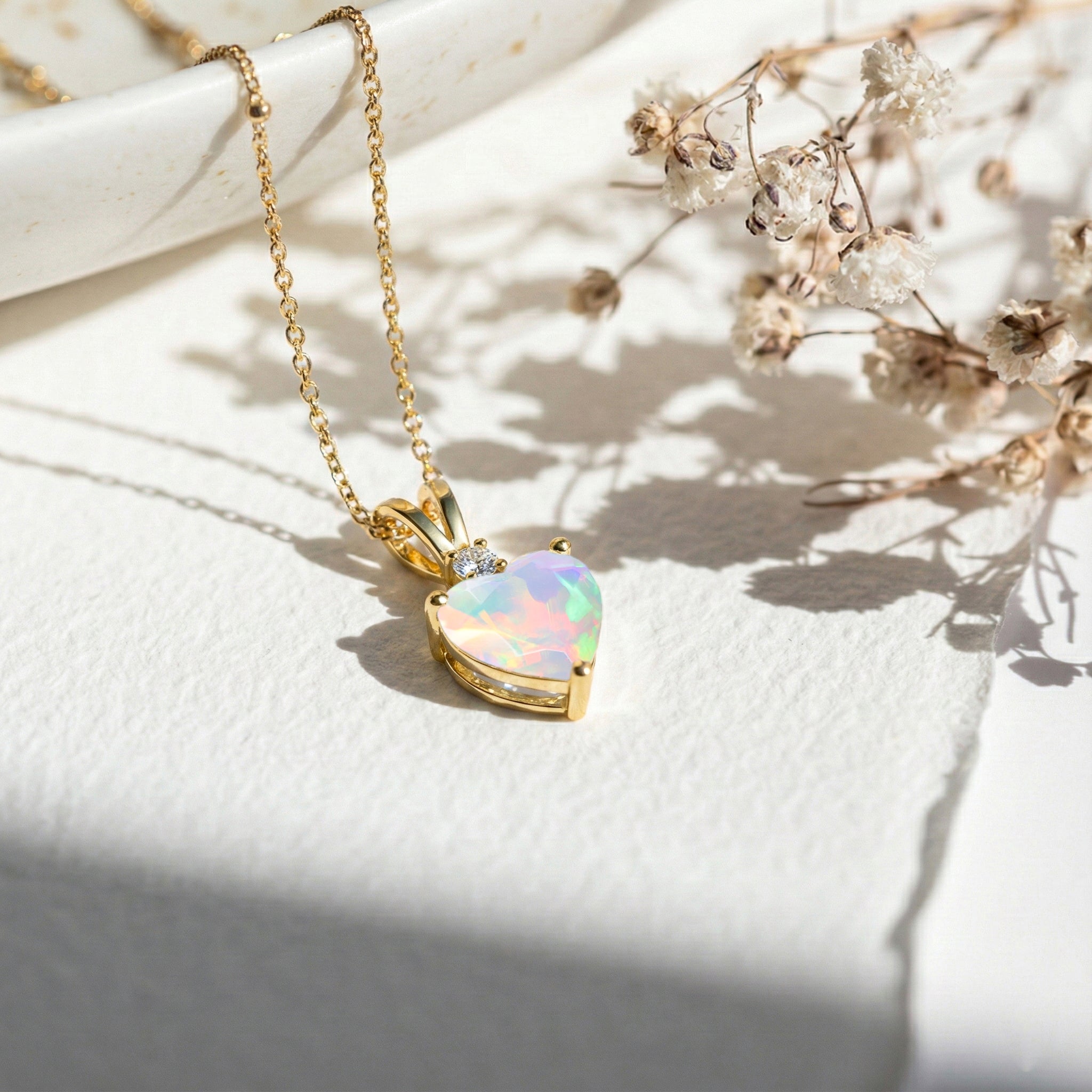 White Opal Heart Pendant Necklace in Yellow Gold Plated 1.5ct