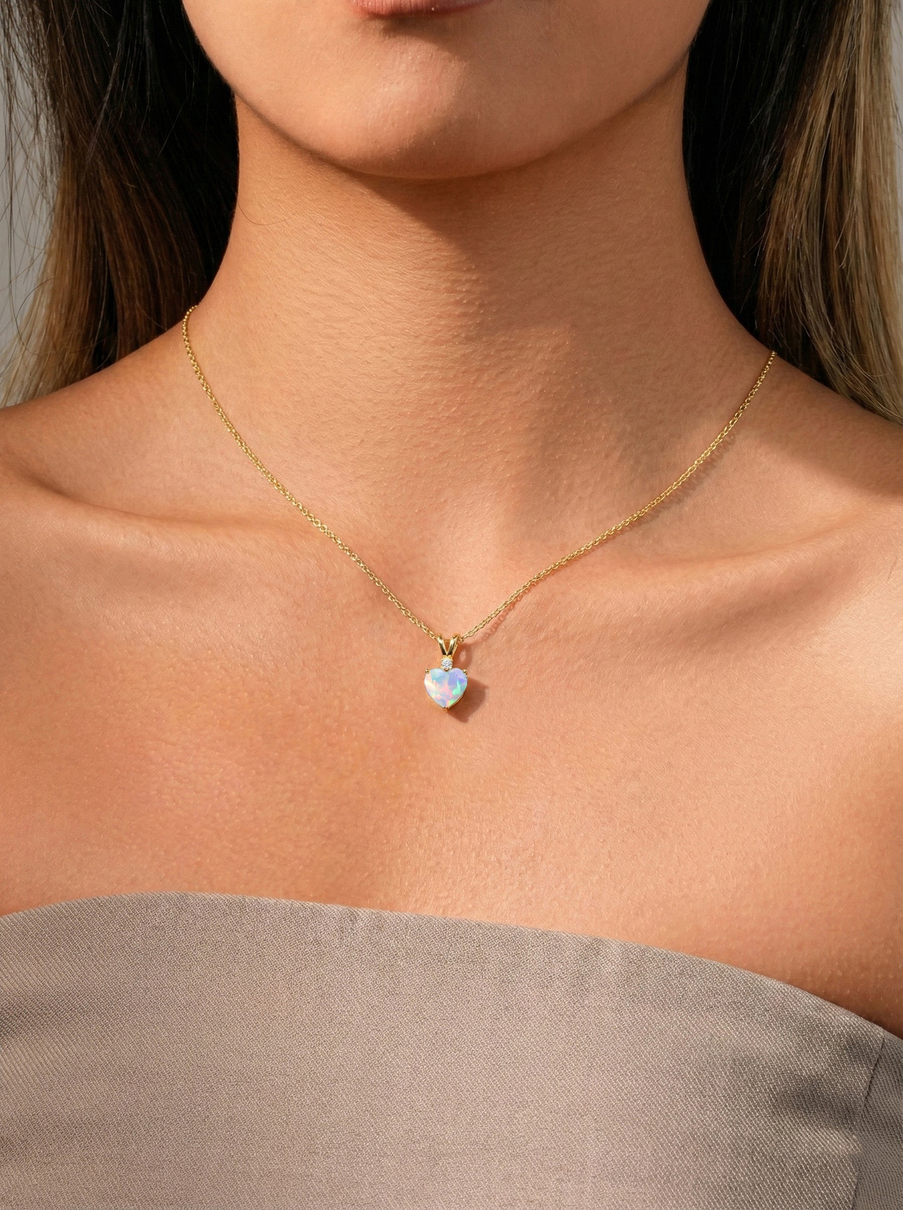 White Opal Heart Pendant Necklace in Yellow Gold Plated 1.5ct