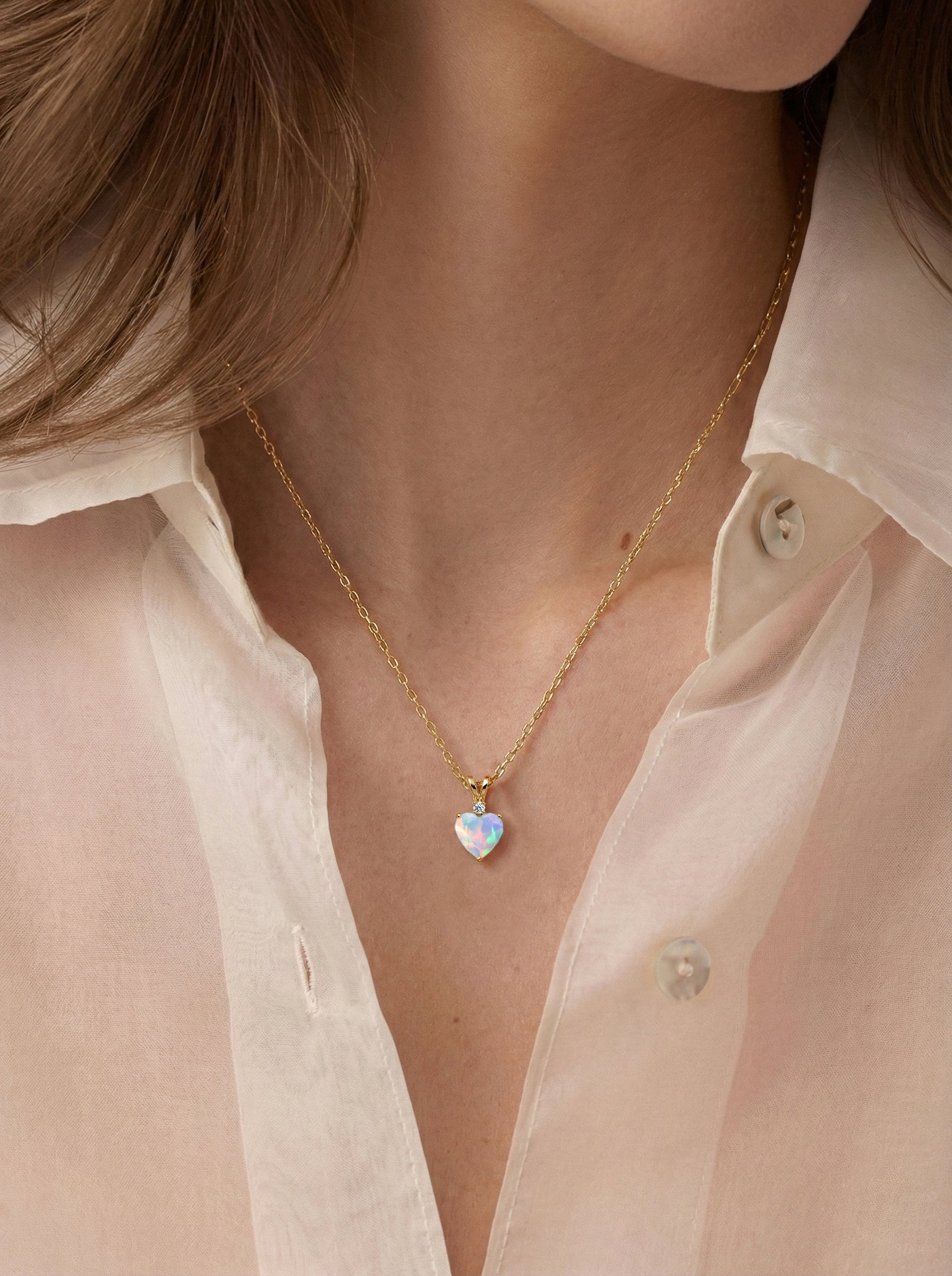 White Opal Heart Pendant Necklace in Yellow Gold Plated 1.5ct