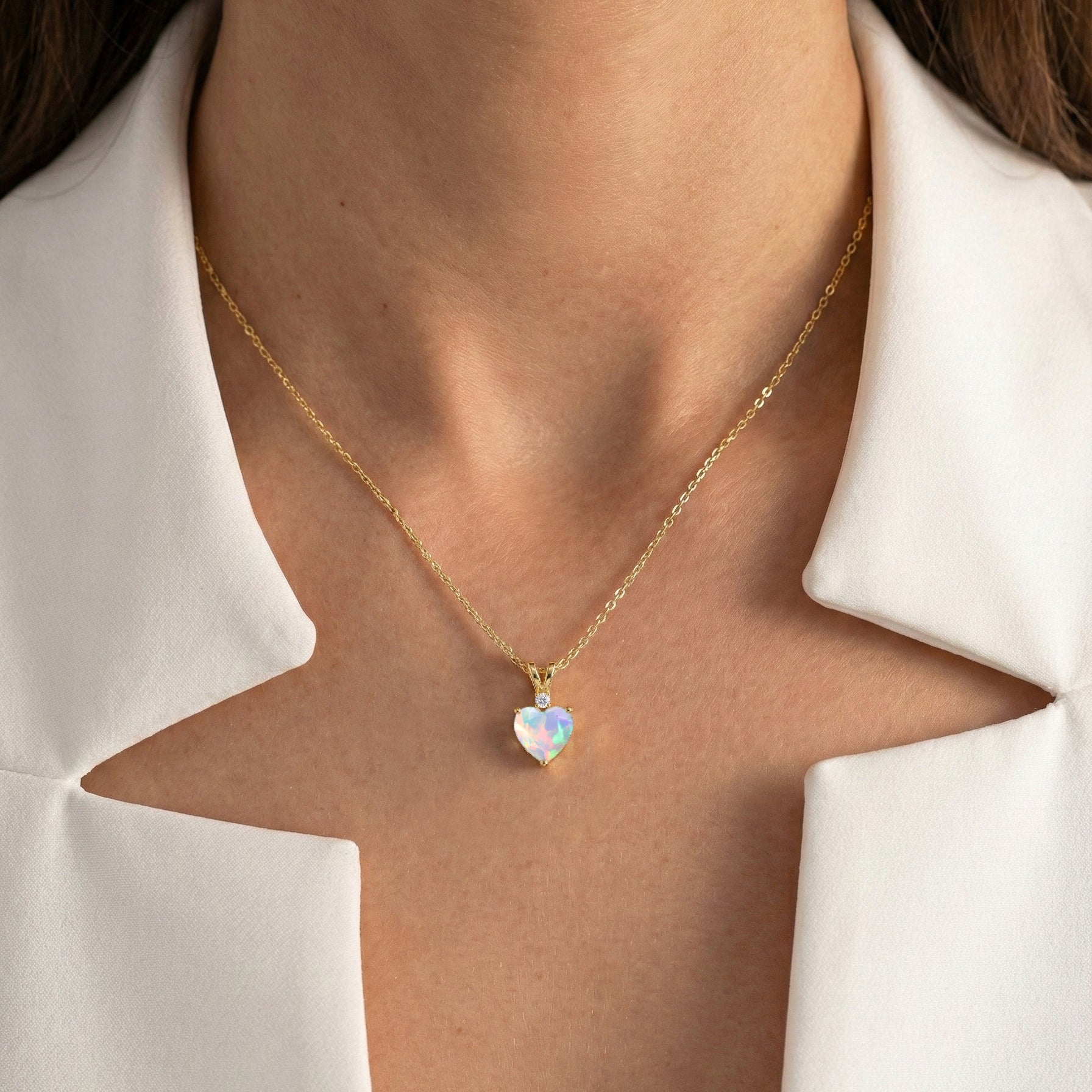 White Opal Heart Pendant Necklace in Yellow Gold Plated 1.5ct