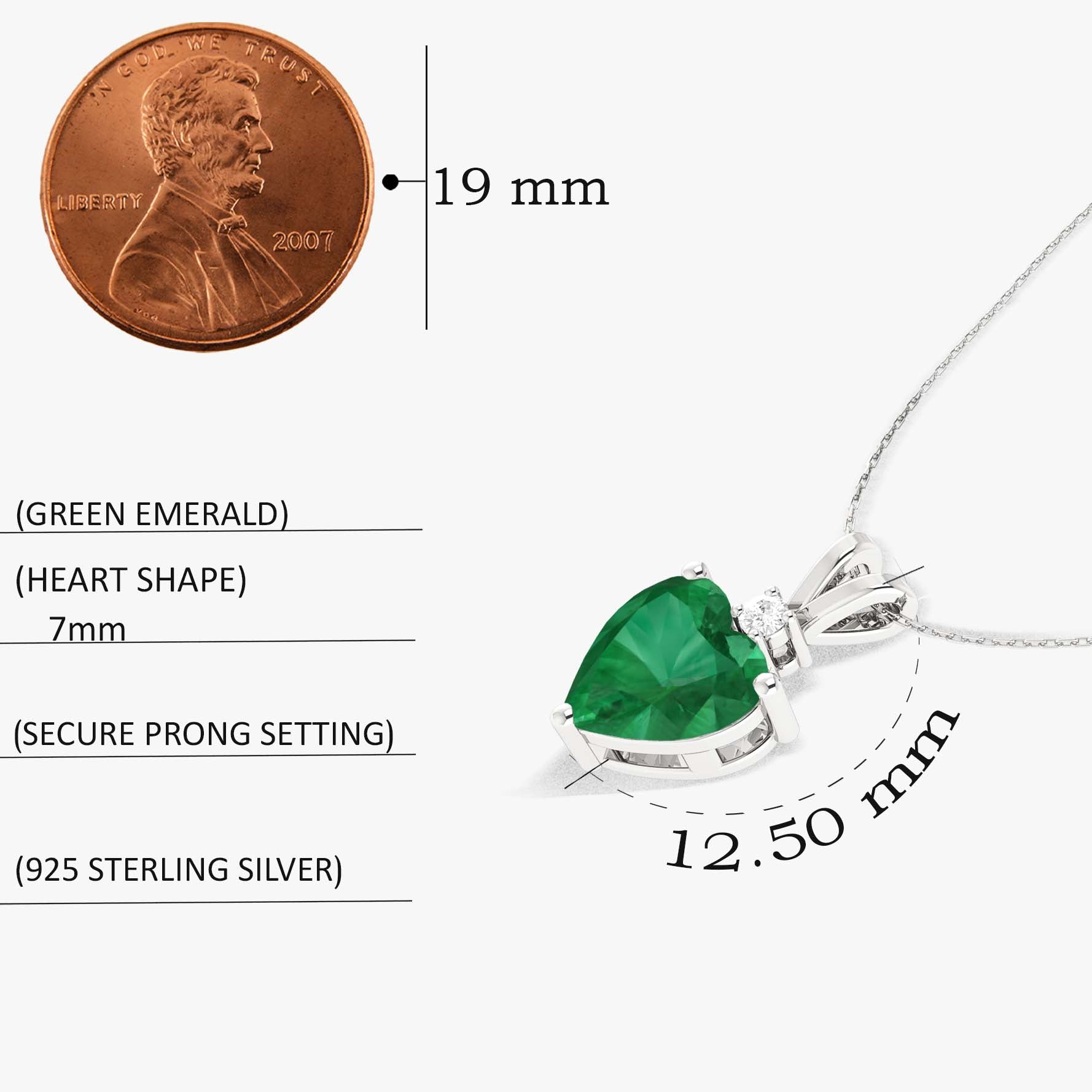 Emerald Heart Pendant Necklace in 925 Sterling Silver 7mm 1.5ct