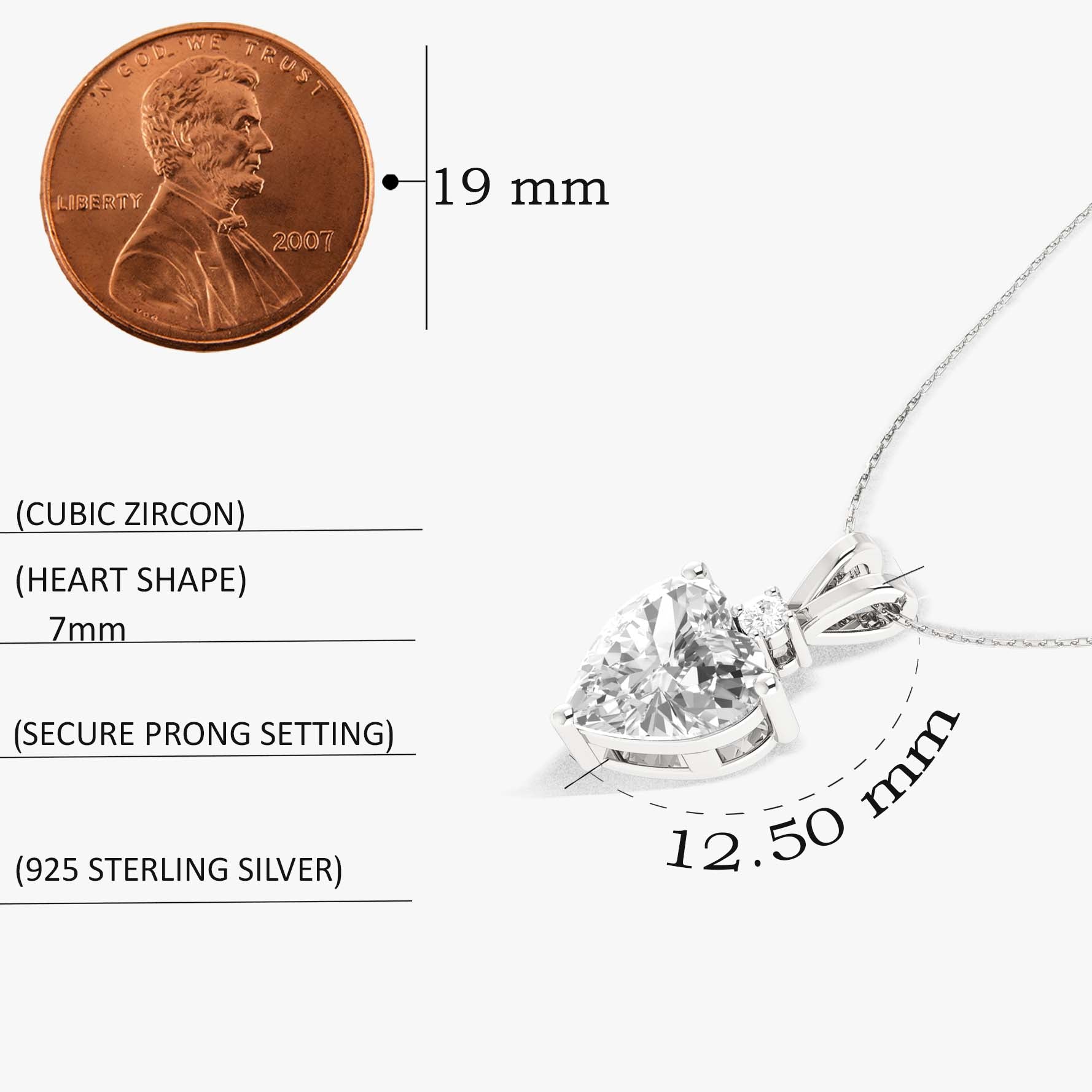 Cubic Zirconia Heart Pendant Necklace in 925 Sterling Silver 7mm 1.5ct