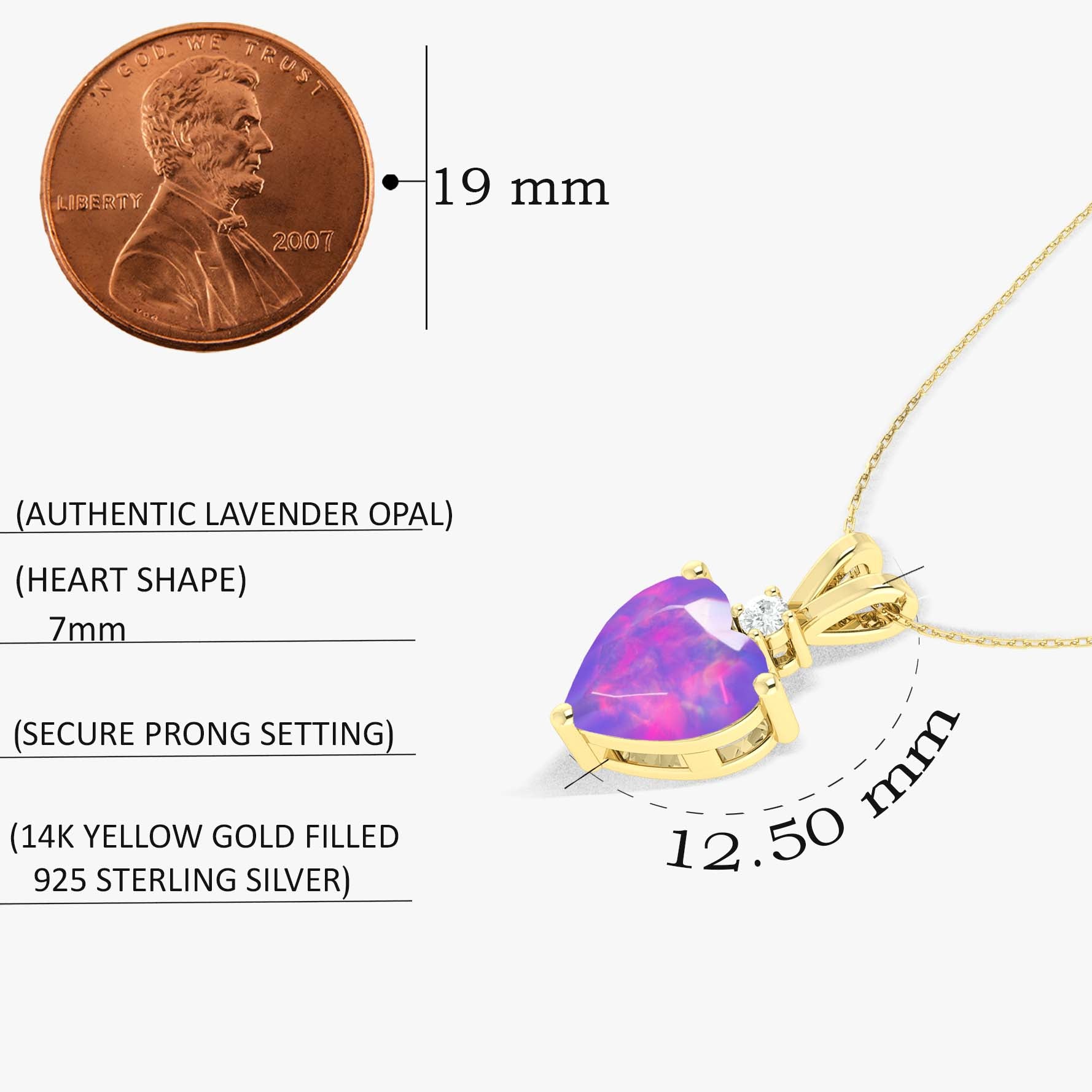 Lavender Opal Heart Pendant Necklace in 925 Sterling Silver 7mm 1.2ct