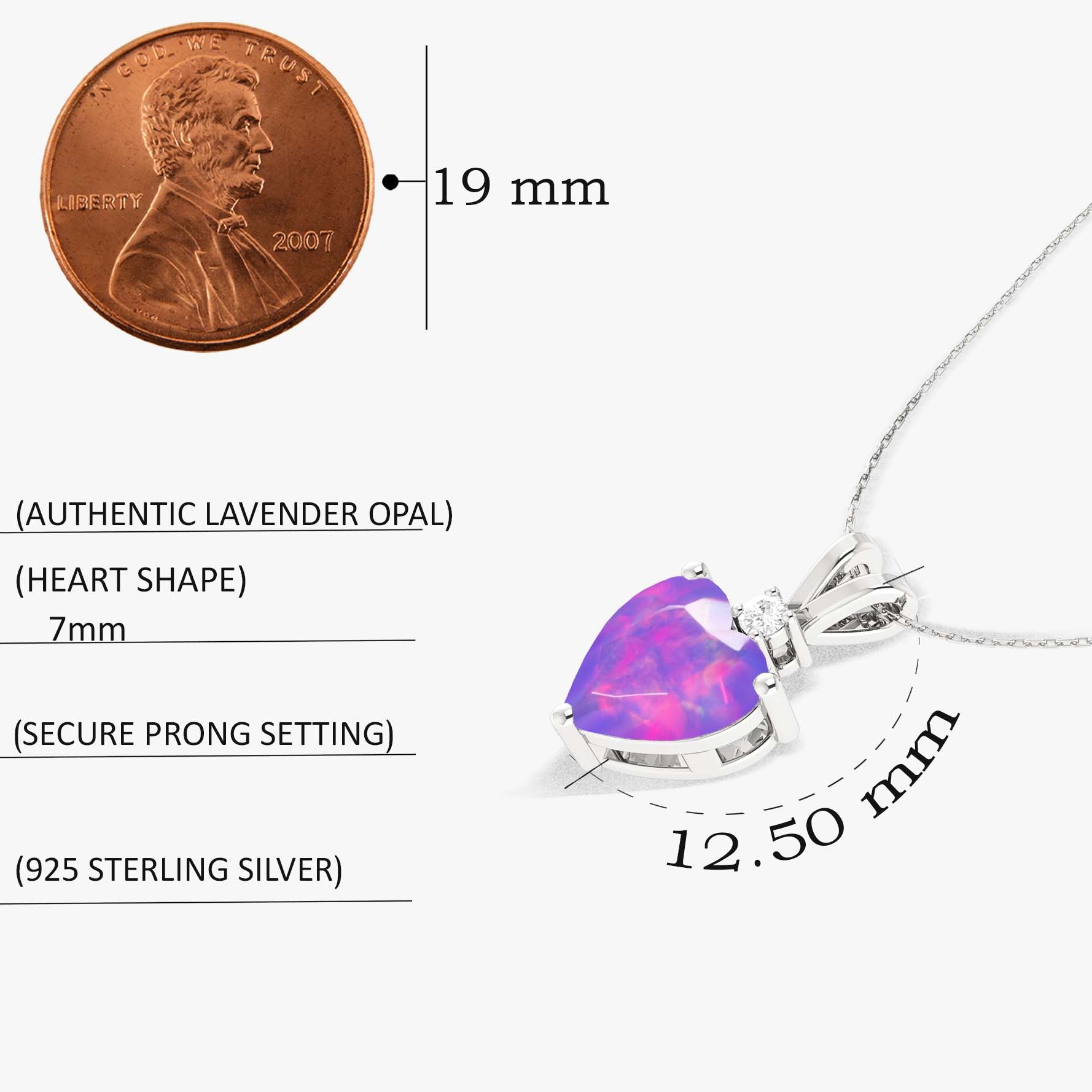 Lavender Opal Heart Pendant Necklace in 925 Sterling Silver 7mm 1.2ct