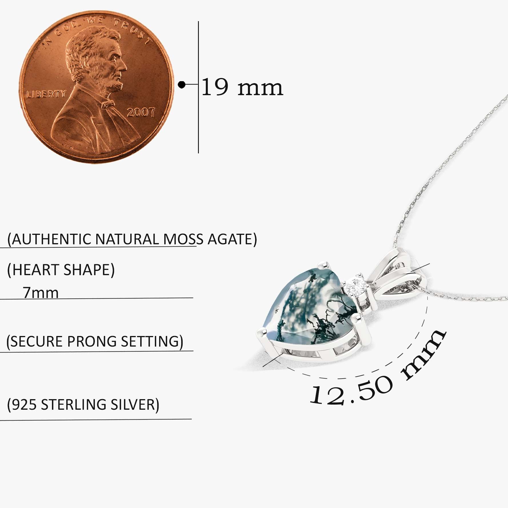 Moss Agate Heart Pendant Necklace in 925 Sterling Silver 7mm 1.5ct