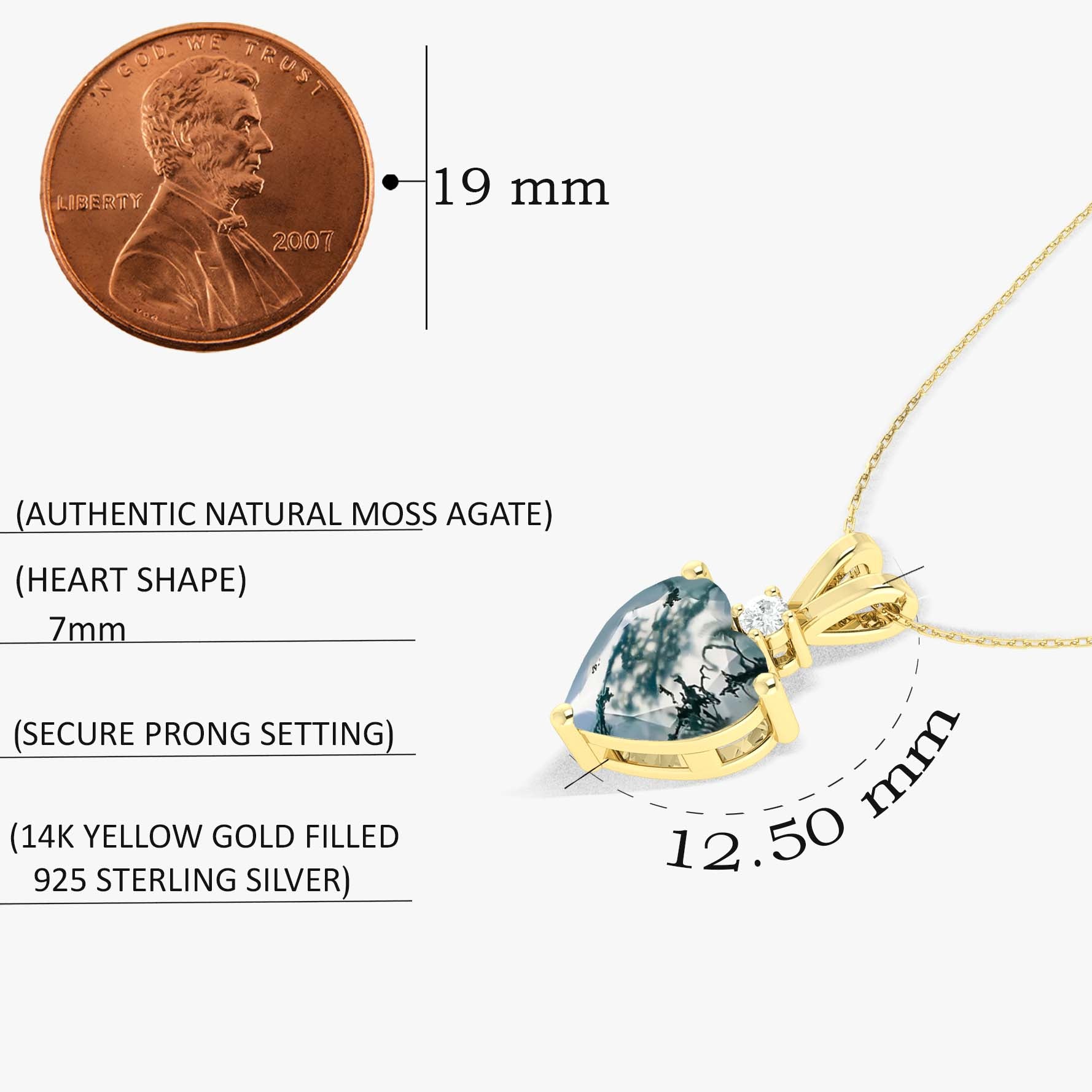 Moss Agate Heart Pendant Necklace in 925 Sterling Silver 7mm 1.5ct