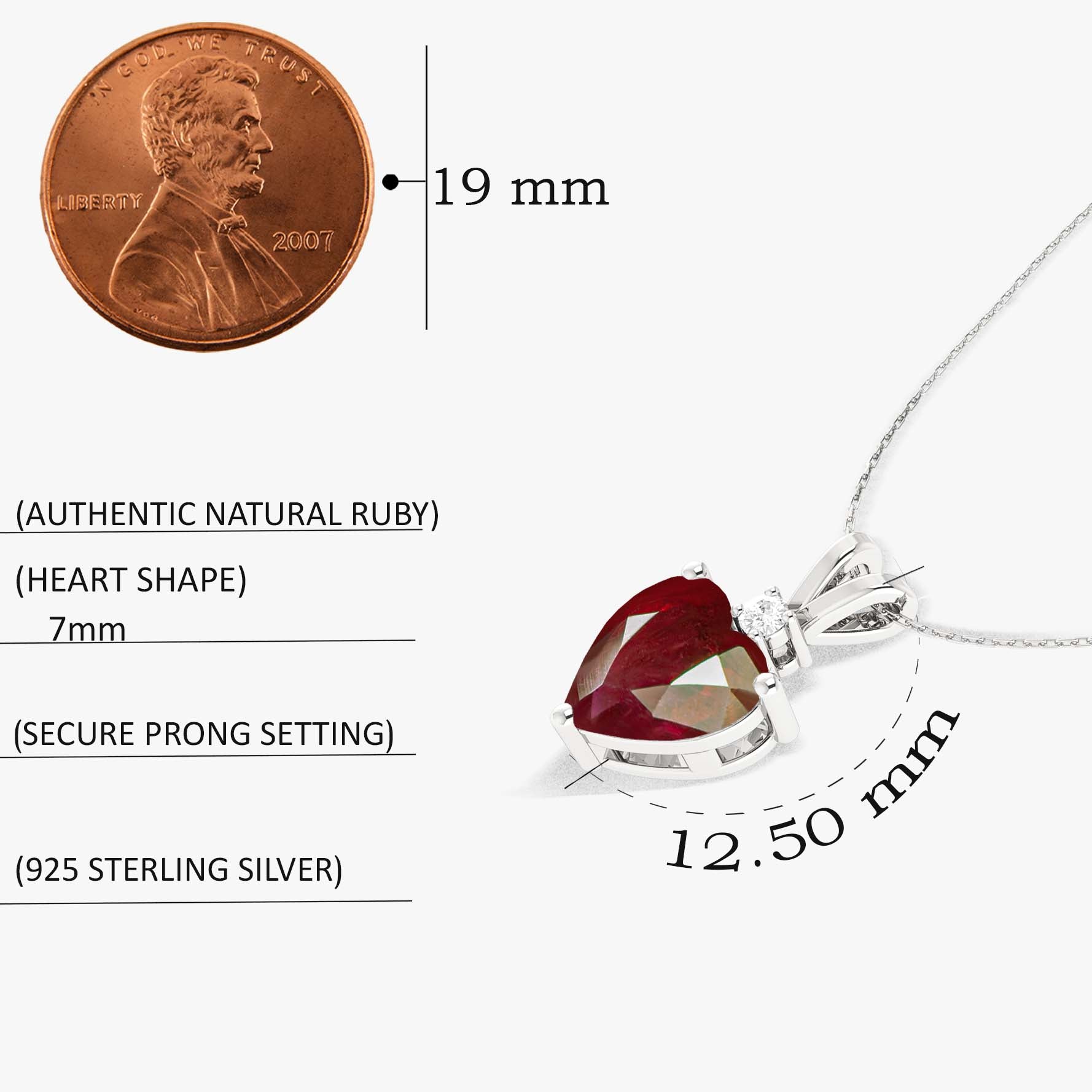 Ruby Heart Pendant Necklace in 925 Sterling Silver 7mm 1.5ct