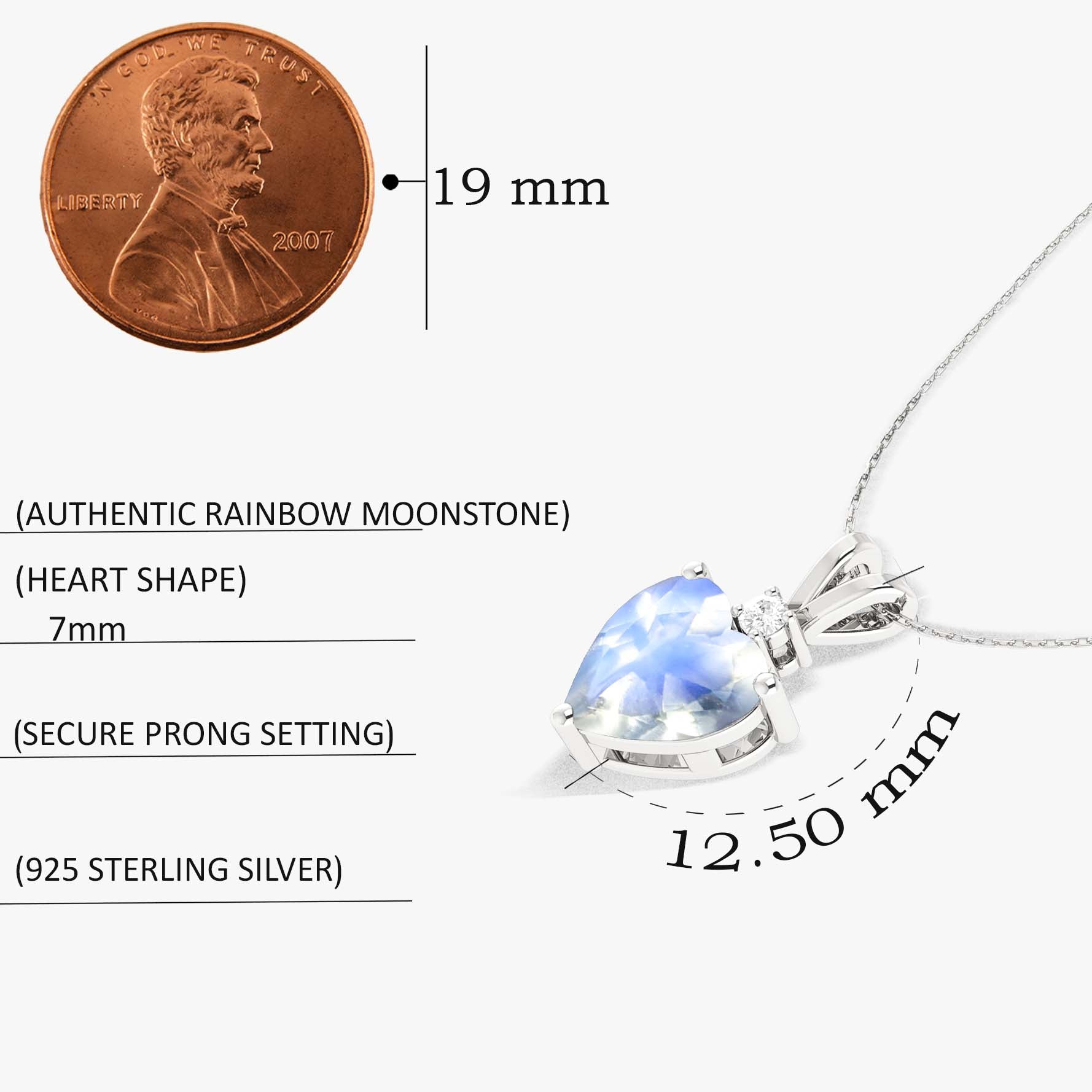 Moonstone Heart Pendant Necklace in 925 Sterling Silver 7mm 1.5ct