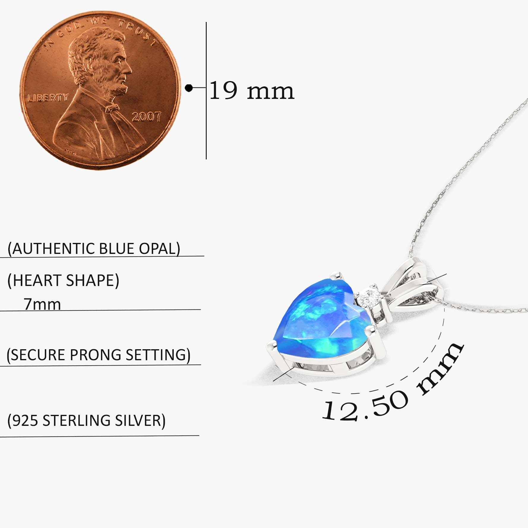 Blue Opal Heart Pendant Necklace in 925 Sterling Silver 7mm 1.2ct