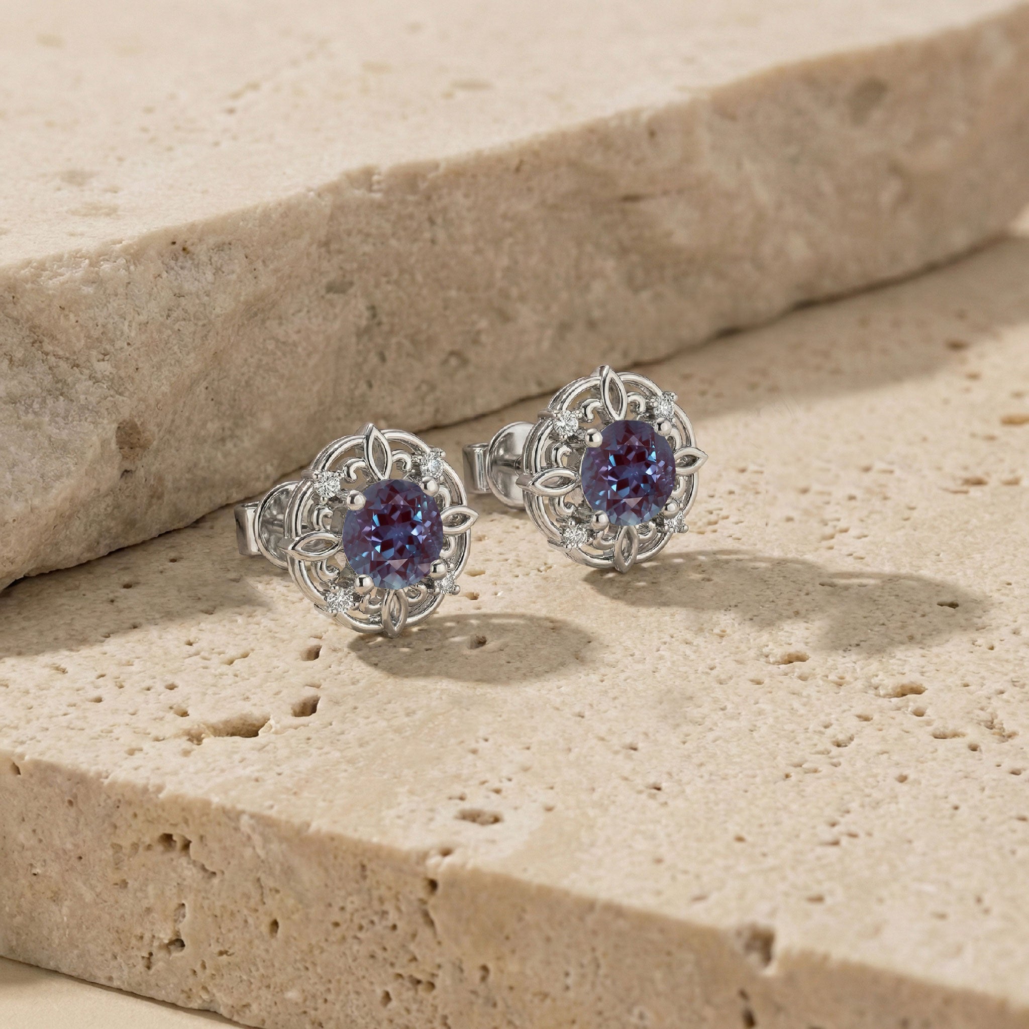 Round alexandrite halo earrings 1.30ct 925 silver