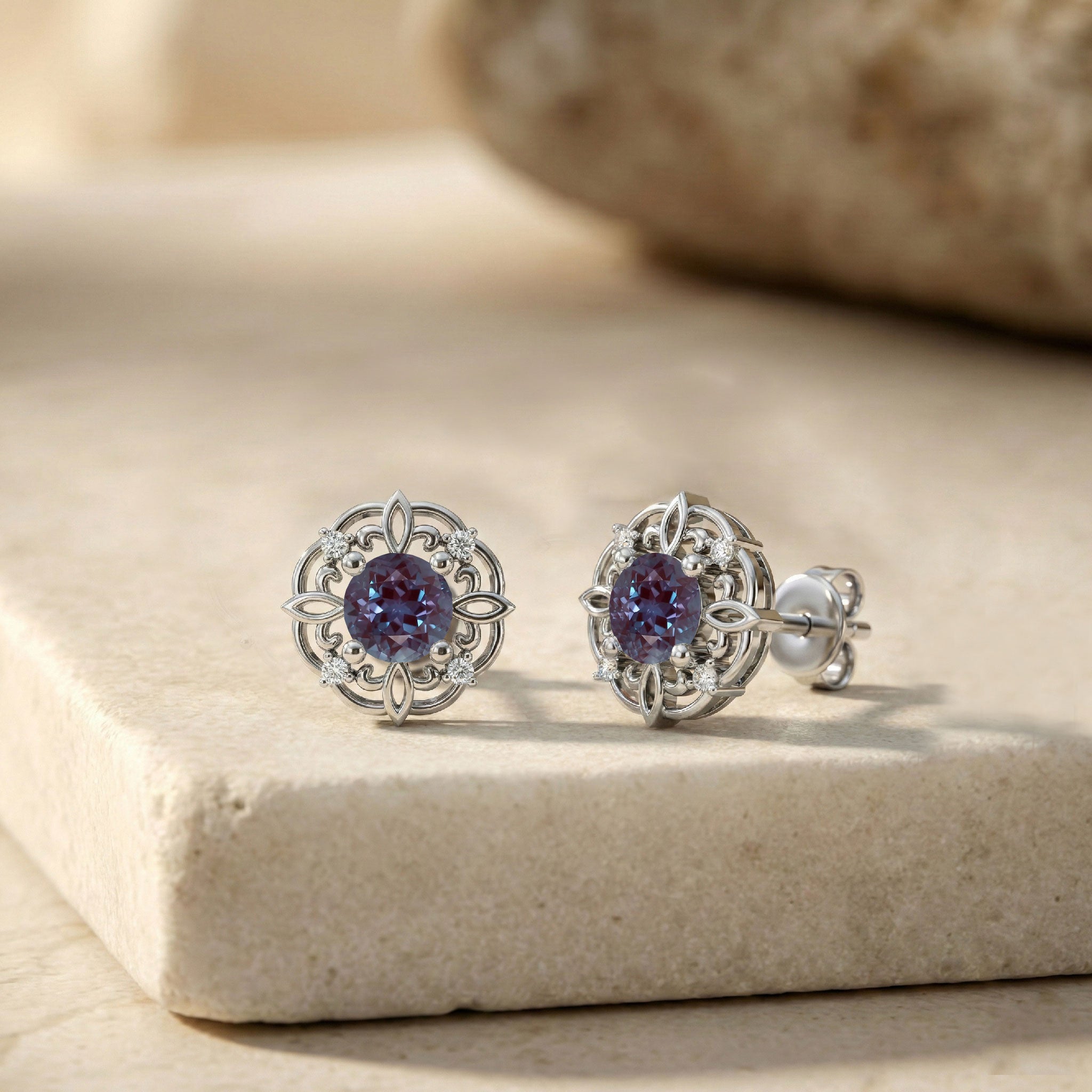 Alexandrite Round Halo Stud Earrings in 925 Sterling Silver 5MM 1.30ct