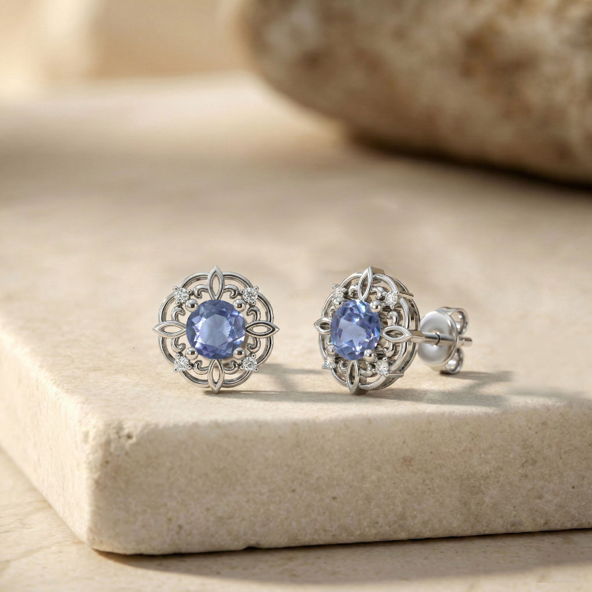 Alexandrite Round Halo Stud Earrings in 925 Sterling Silver 5MM 1.30ct