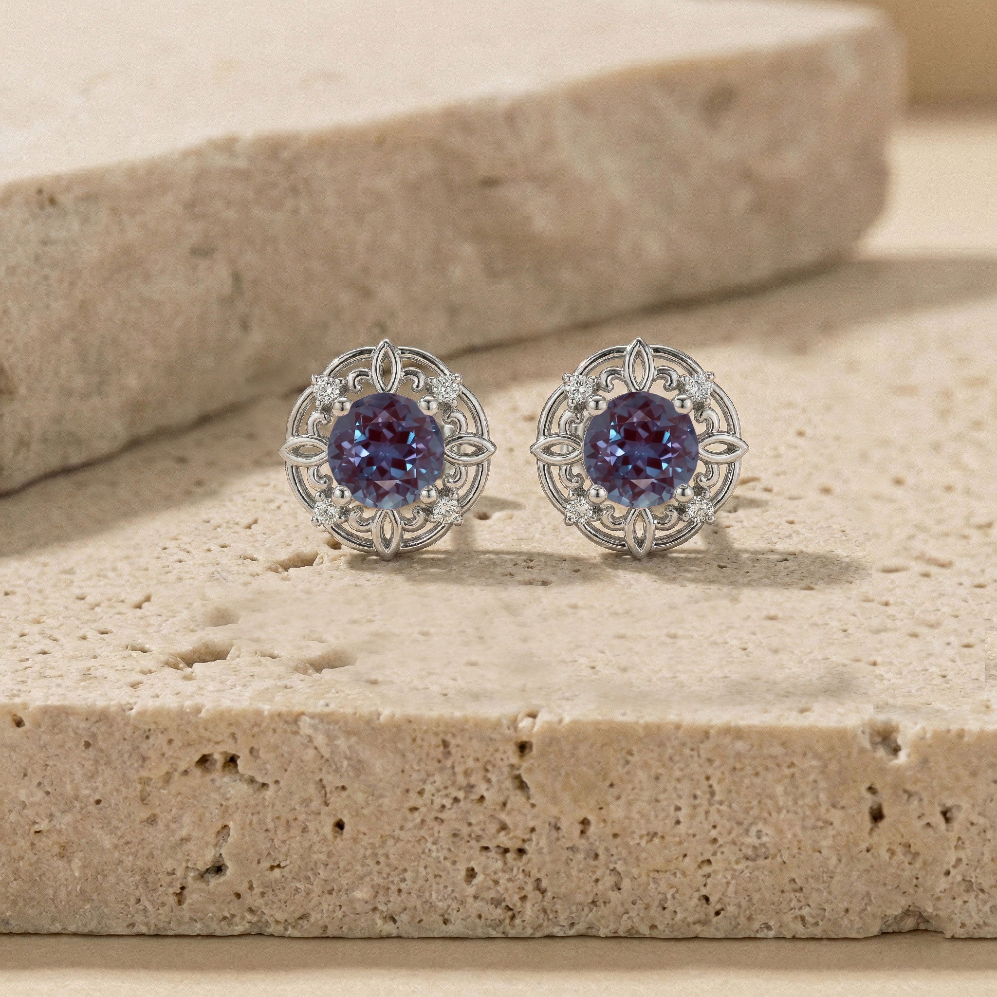 Alexandrite Round Halo Stud Earrings in 925 Sterling Silver 5MM 1.30ct