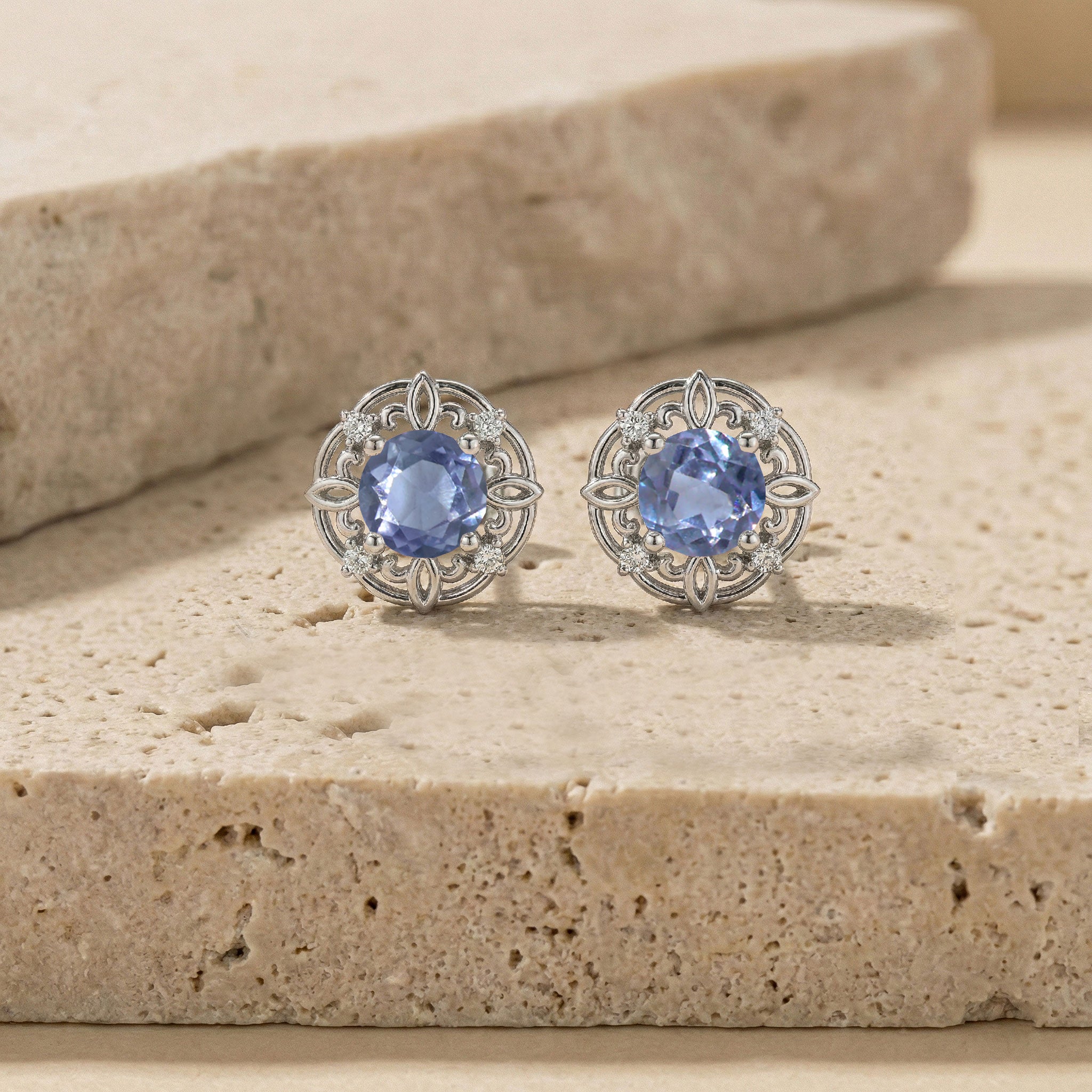 Alexandrite Round Halo Stud Earrings in 925 Sterling Silver 5MM 1.30ct