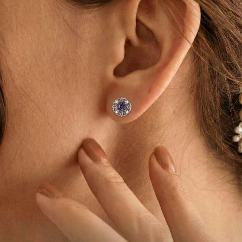 Alexandrite Round Halo Stud Earrings in 925 Sterling Silver 5MM 1.30ct