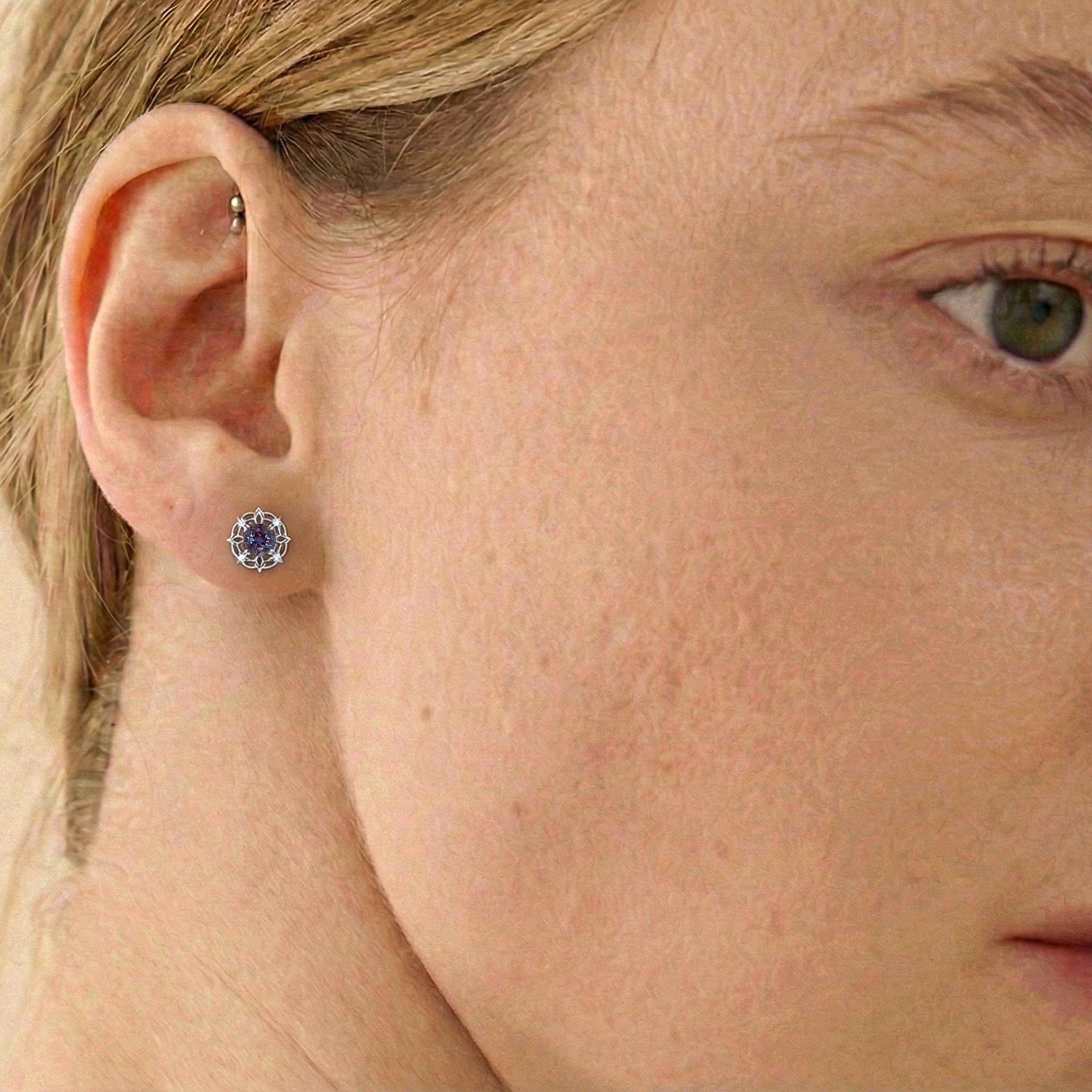 Alexandrite Round Halo Stud Earrings in 925 Sterling Silver 5MM 1.30ct