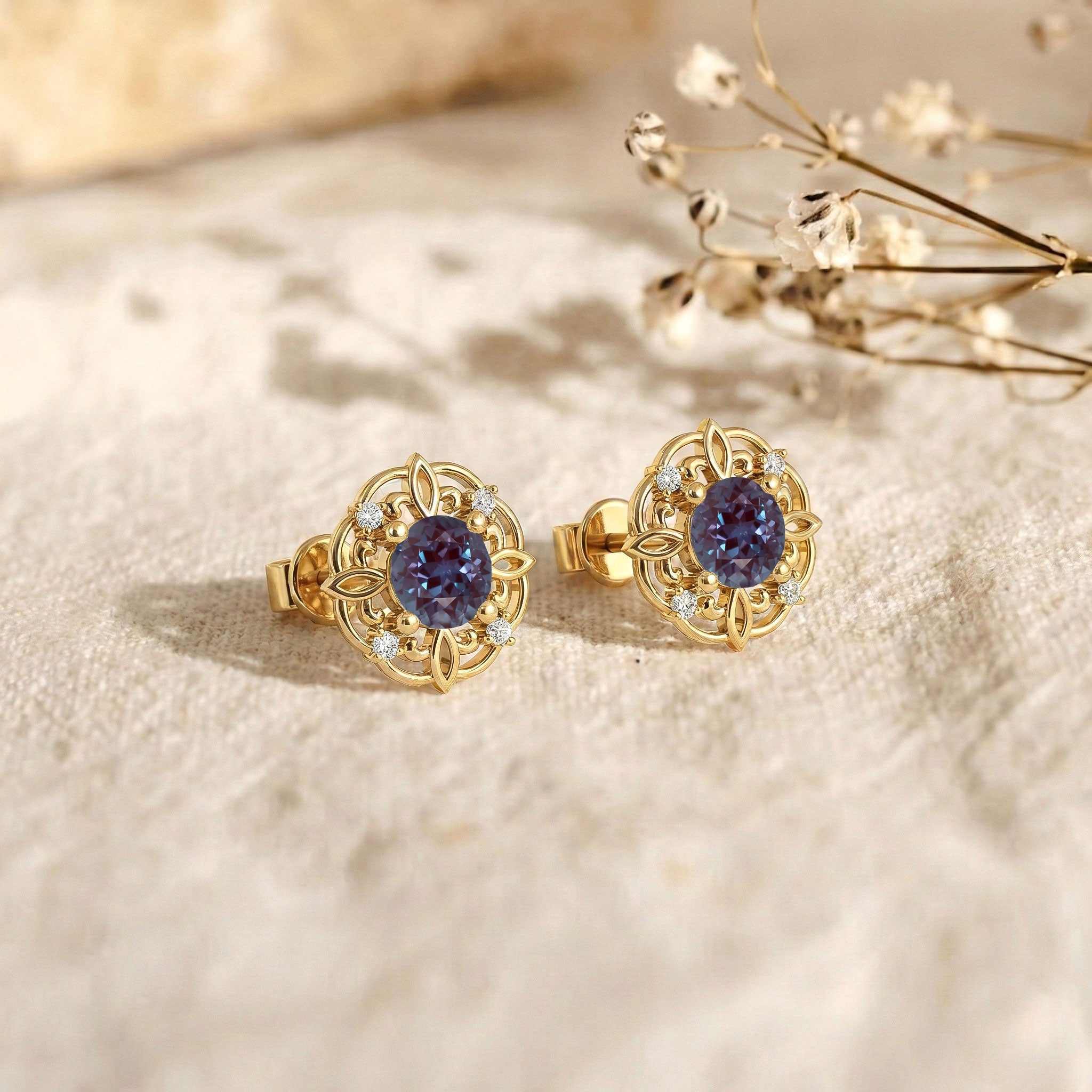 Alexandrite Round Halo Stud Earrings in 925 Sterling Silver 5MM 1.30ct