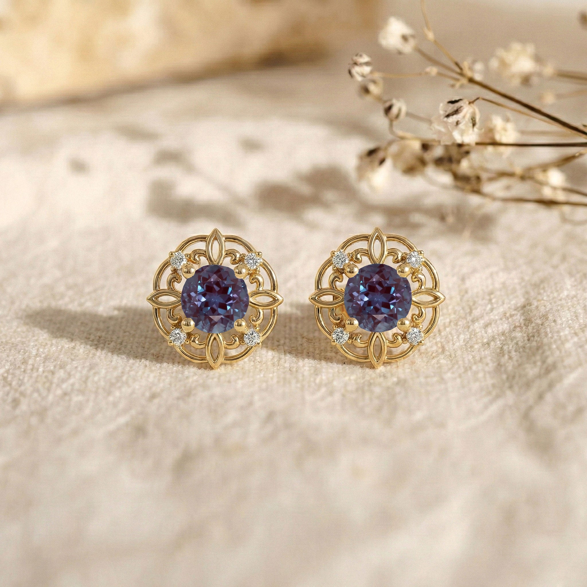 Alexandrite Round Halo Stud Earrings in 925 Sterling Silver 5MM 1.30ct
