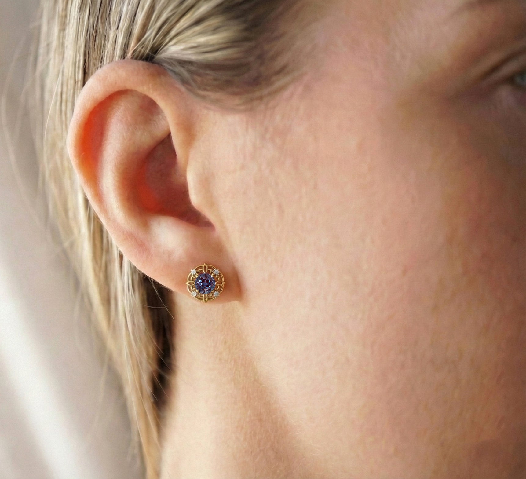 Alexandrite Round Halo Stud Earrings in 925 Sterling Silver 5MM 1.30ct