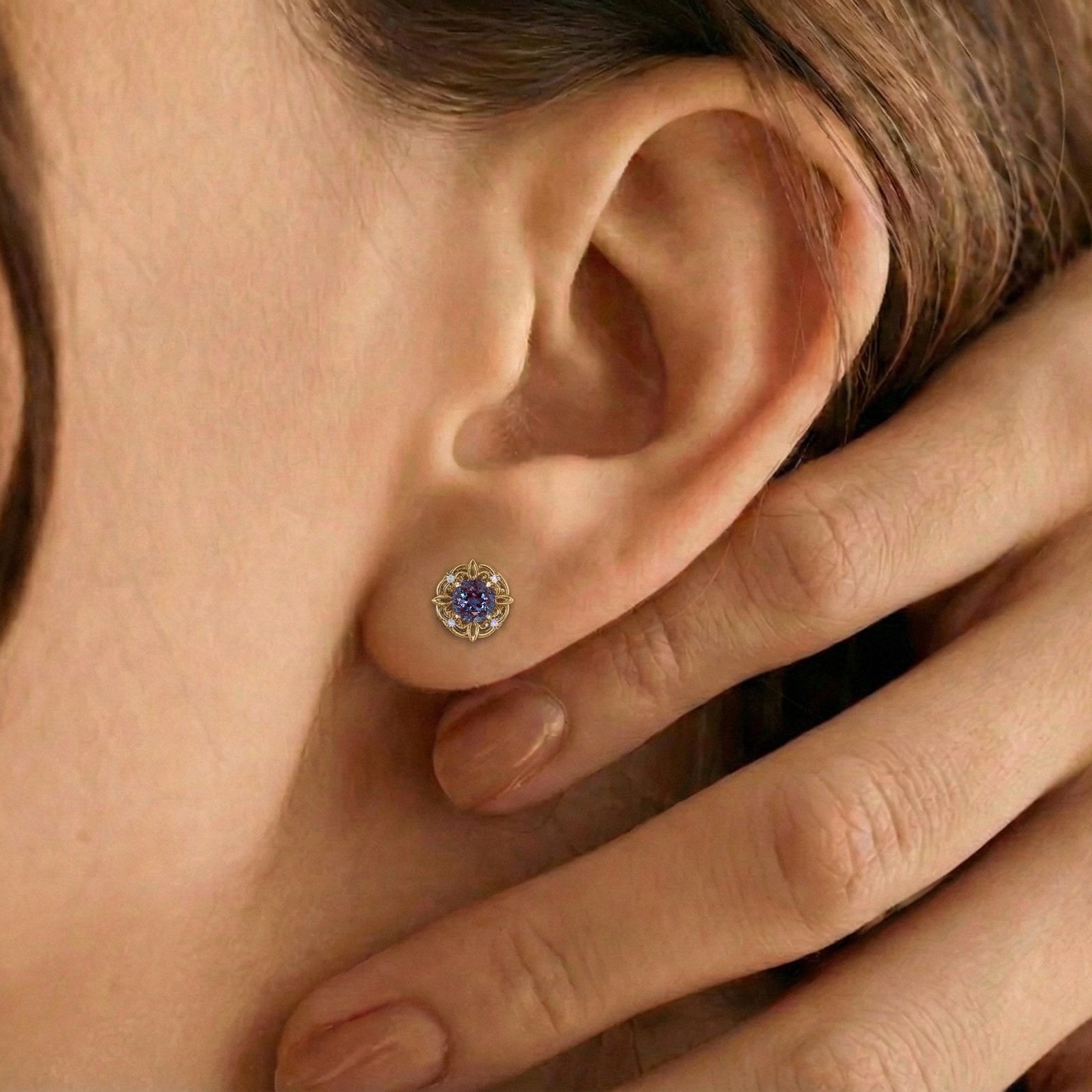 Alexandrite Round Halo Stud Earrings in 925 Sterling Silver 5MM 1.30ct