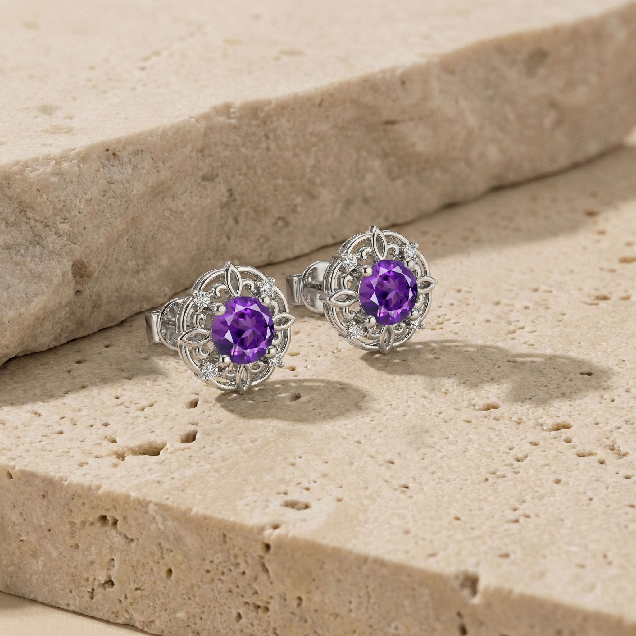 Amethyst Round Halo Stud Earrings in 925 Sterling Silver 5MM 1.30ct
