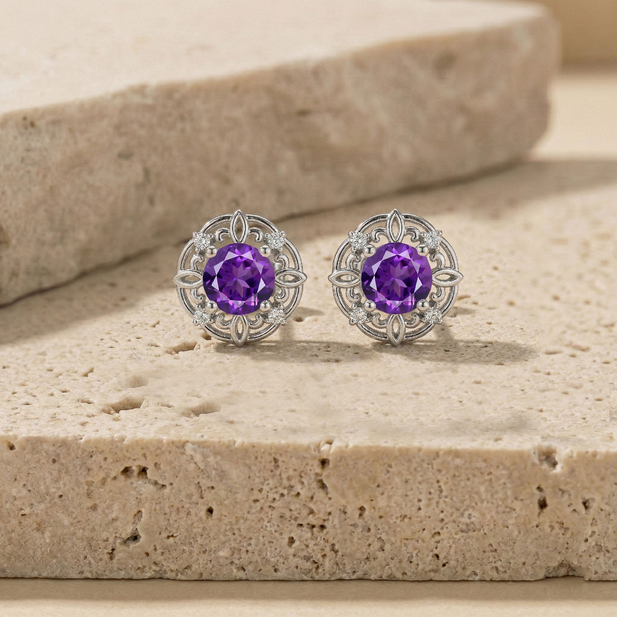 Amethyst Round Halo Stud Earrings in 925 Sterling Silver 5MM 1.30ct