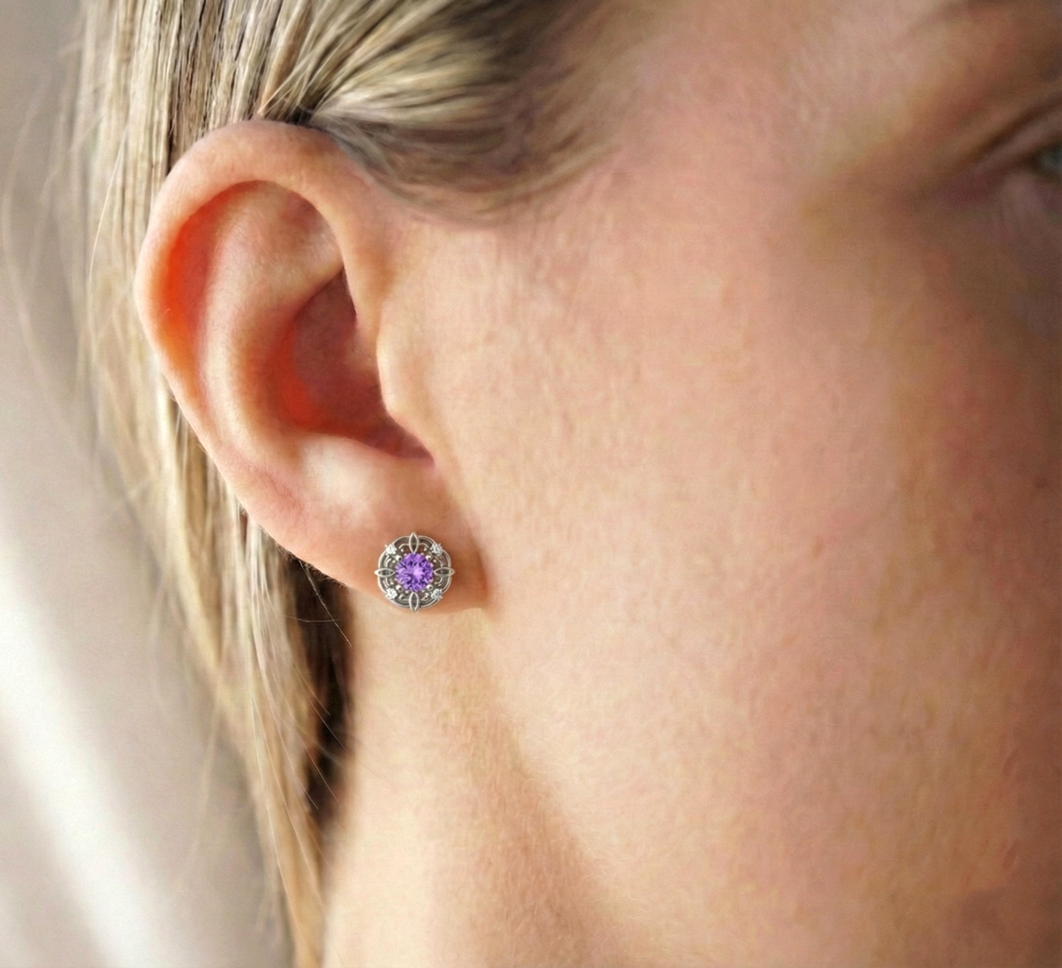 Amethyst Round Halo Stud Earrings in 925 Sterling Silver 5MM 1.30ct