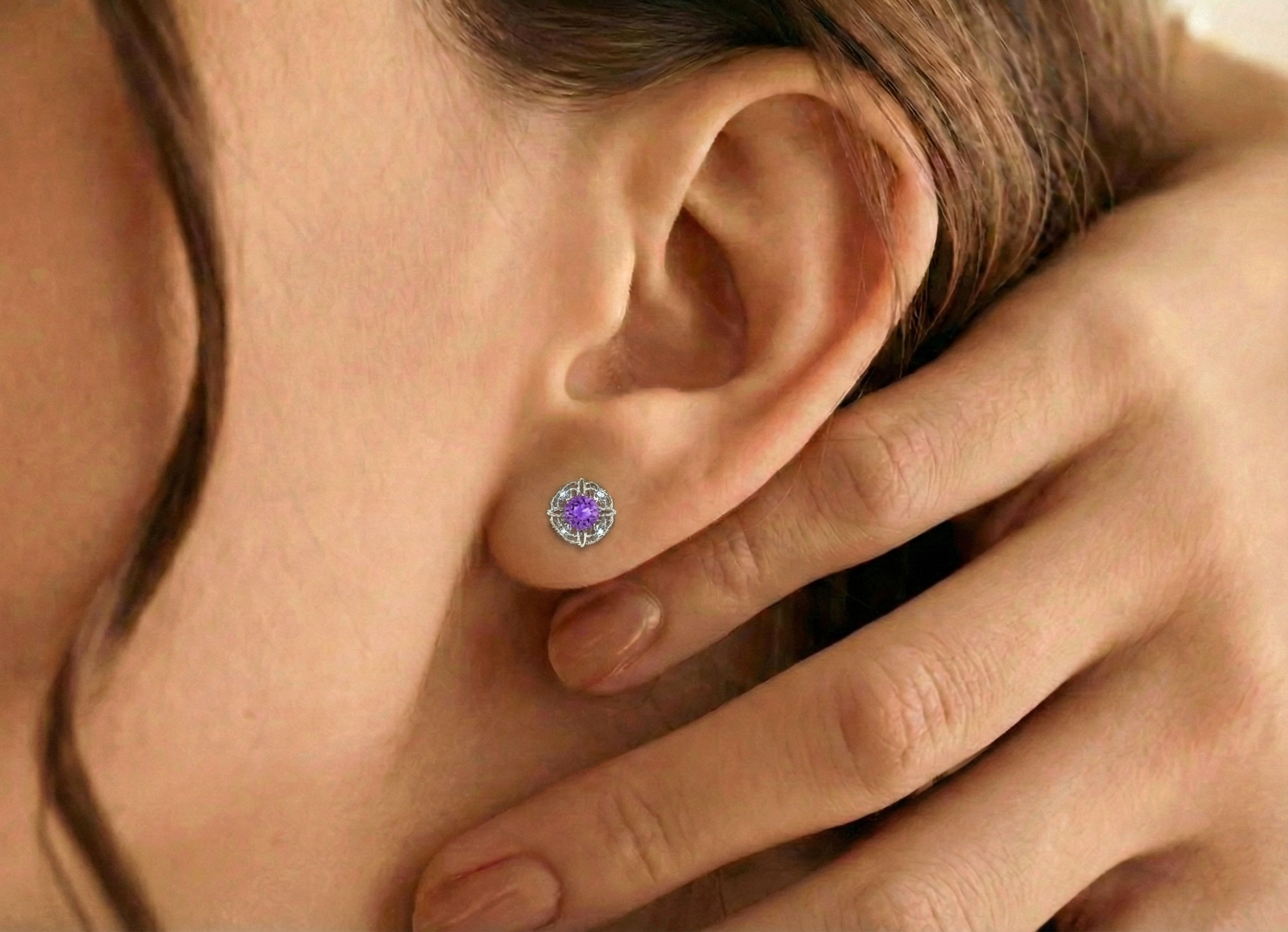 Amethyst Round Halo Stud Earrings in 925 Sterling Silver 5MM 1.30ct