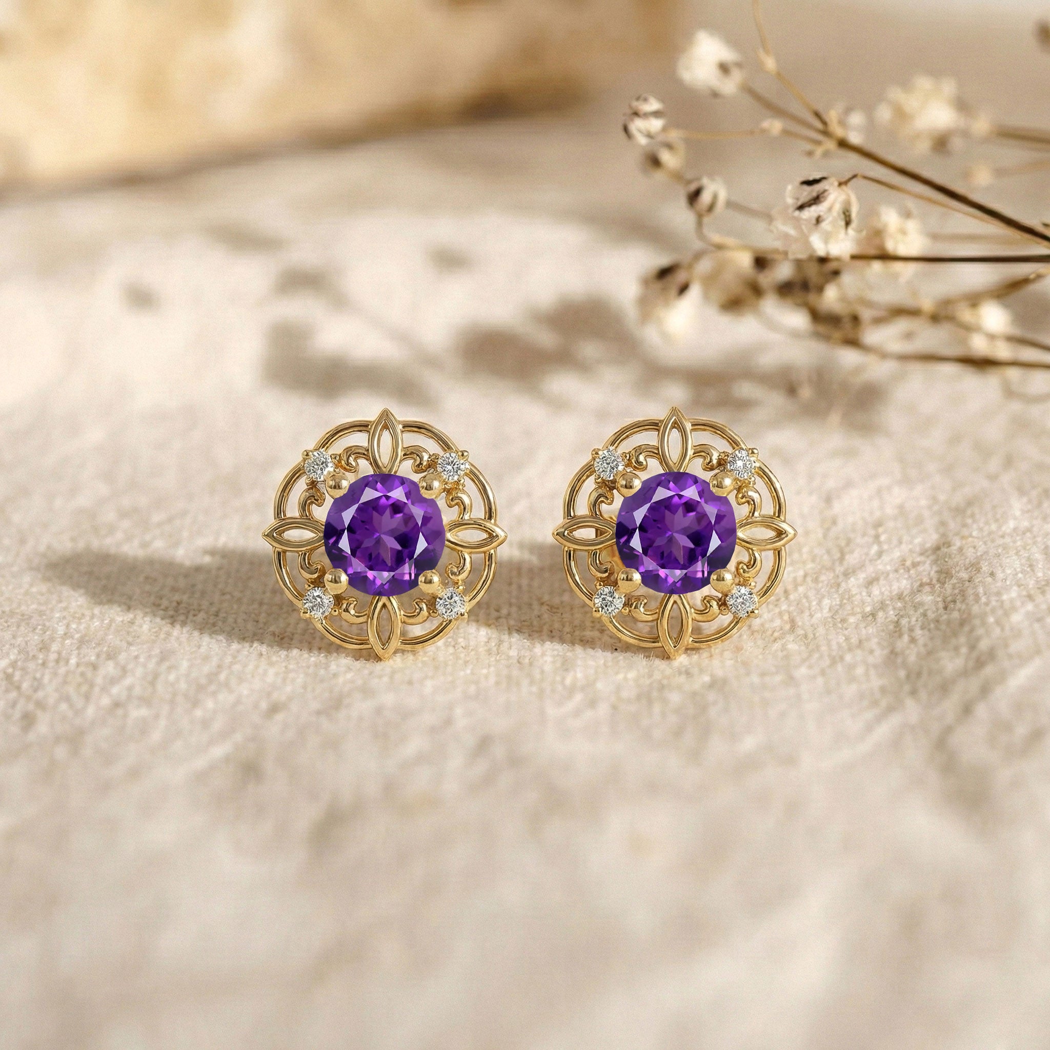 Amethyst Round Halo Stud Earrings in 925 Sterling Silver 5MM 1.30ct