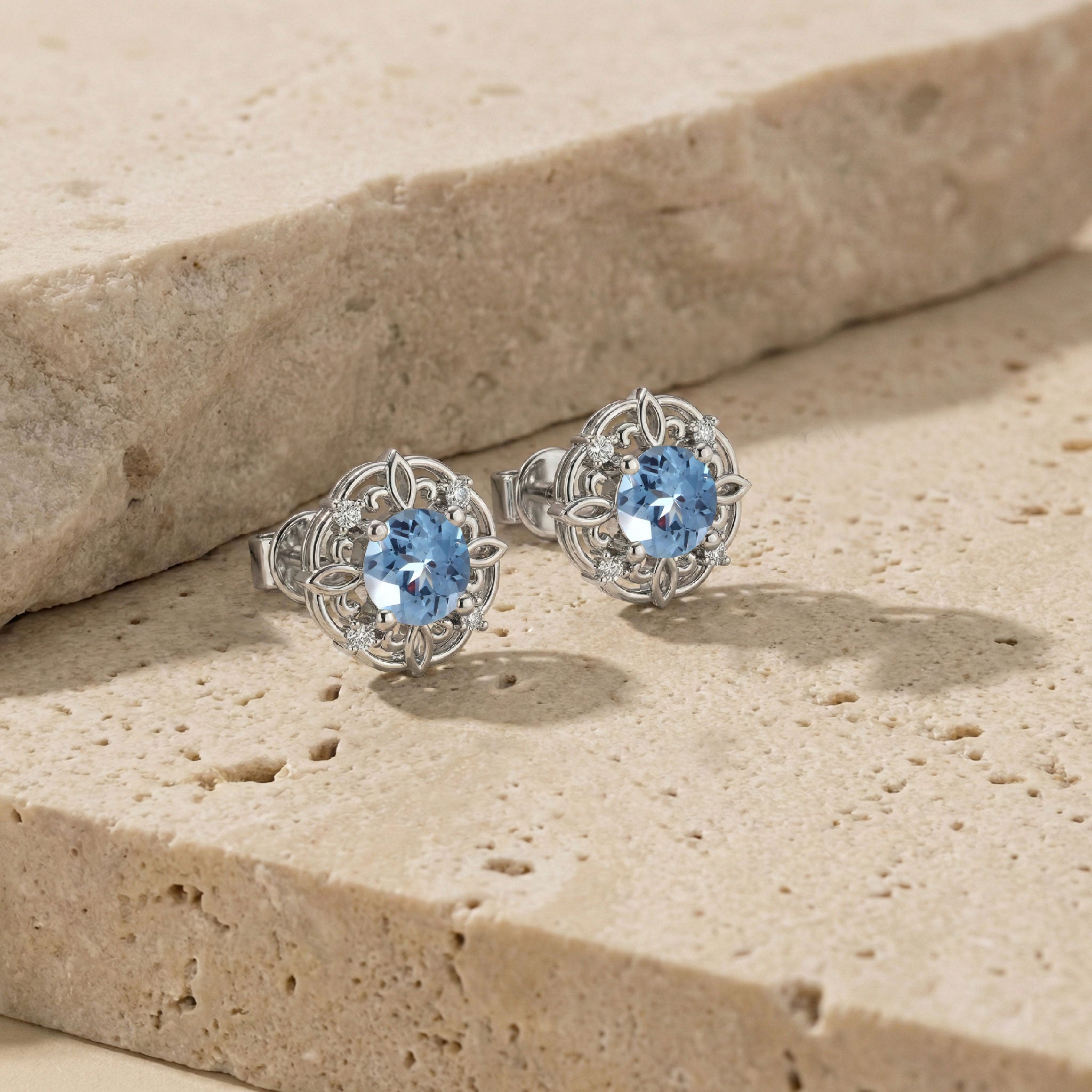 Aquamarine Round Halo Stud Earrings in 925 Sterling Silver 5MM 1.30ct